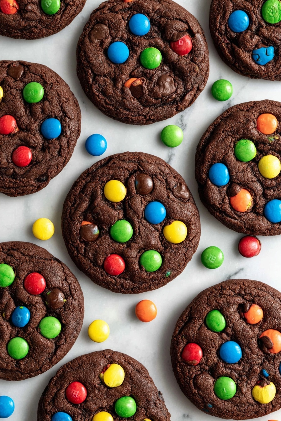 The image shows nine large round chocolate cookies with a rich dark brown color spread out on a white marbled surface. Each cookie is topped with colorful candy-coated chocolate pieces in bright red, blue, green, yellow, orange, and brown, scattered evenly across the top. The cookies have a slightly cracked texture on their surface, with some candy pieces cracked or broken, adding to their homemade look. Few candies are also scattered loosely around the cookies on the surface. photo taken with an iphone --ar 2:3 --v 7