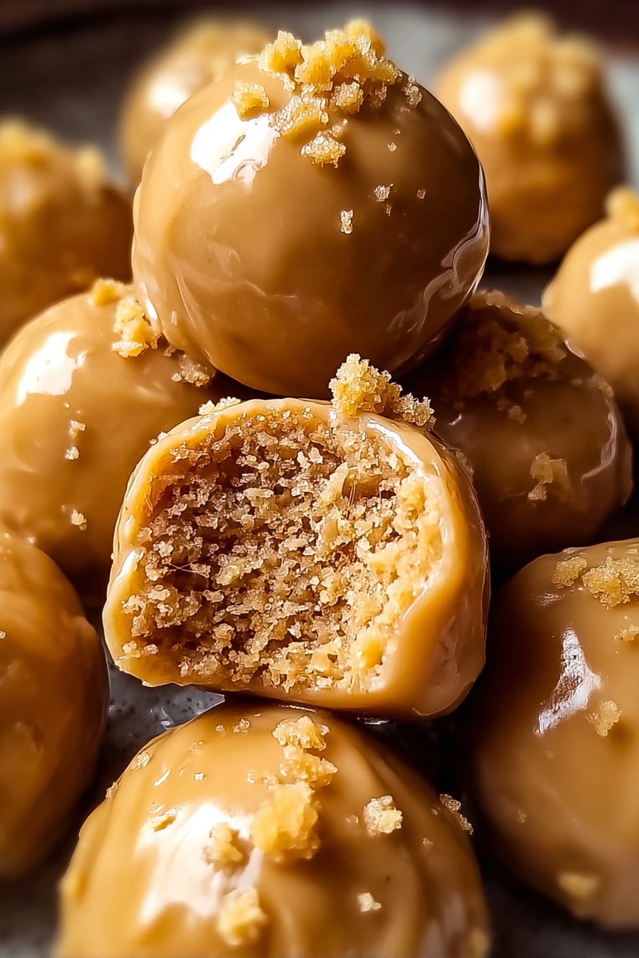 The image shows several round treats coated in a smooth, light caramel-colored glaze with a few small crumbly bits on top. One of the treats is stacked on others and has a bite taken out, revealing a dense, crumbly, golden-brown inside with a slightly grainy texture. The treats look soft and moist inside with a shiny, glossy coating outside. They are closely packed together, and the scene has a warm, cozy feel. photo taken with an iphone --ar 2:3 --v 7