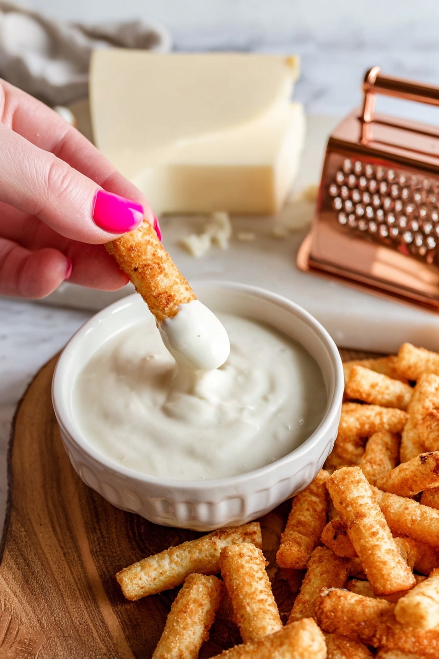 A white ramekin filled with smooth off-white creamy dip with tiny black specs is set on a wooden surface. Surrounding the ramekin is a pile of light golden crispy snack sticks, some showing a slight darker toast shade. A woman’s hand with bright pink polished nails holds one snack stick dipped halfway into the creamy dip. Behind, a piece of cheese with a shiny rose-gold grater rests on a white marbled surface. photo taken with an iphone --ar 2:3 --v 7