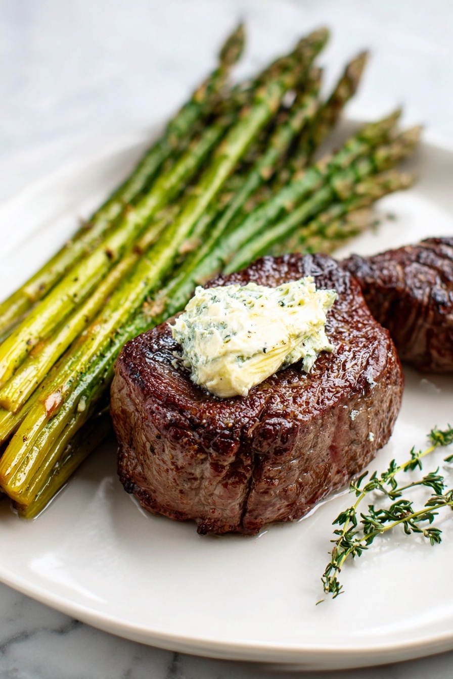 On a white plate, there is a thick, cooked steak placed on the left side; it has a dark brown, slightly crispy outside with visible grill marks and seasoning, topped with a small dollop of melting herb butter giving a creamy, light yellow spot near the center. To the right of the steak, several green asparagus spears are laid parallel, showing a slightly shiny texture with some browned, cooked tips. A small sprig of green thyme is placed near the bottom right of the plate. The plate sits on a white marbled surface in soft natural light, highlighting the juicy and fresh textures of the food. Photo taken with an iphone --ar 2:3 --v 7