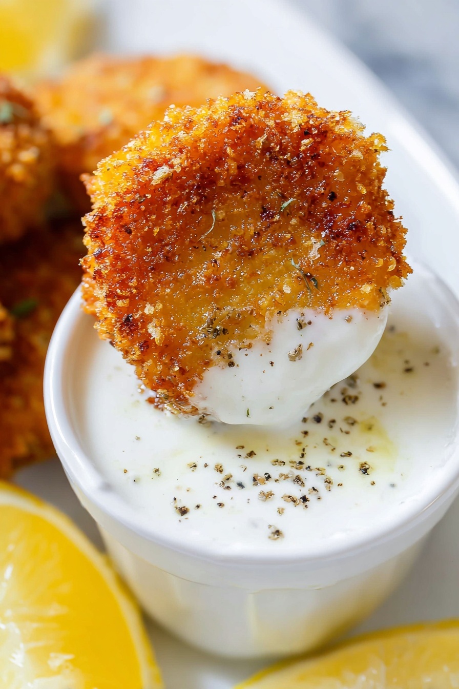 A close-up of a single golden brown crispy fried nugget dipped halfway into a small white cup filled with creamy white sauce sprinkled with black pepper. The nugget has a rough crunchy texture with visible bits of sea salt on the surface. The cup sits on a white plate with a few lemon wedges blurred in the background on a white marbled surface. photo taken with an iphone --ar 2:3 --v 7