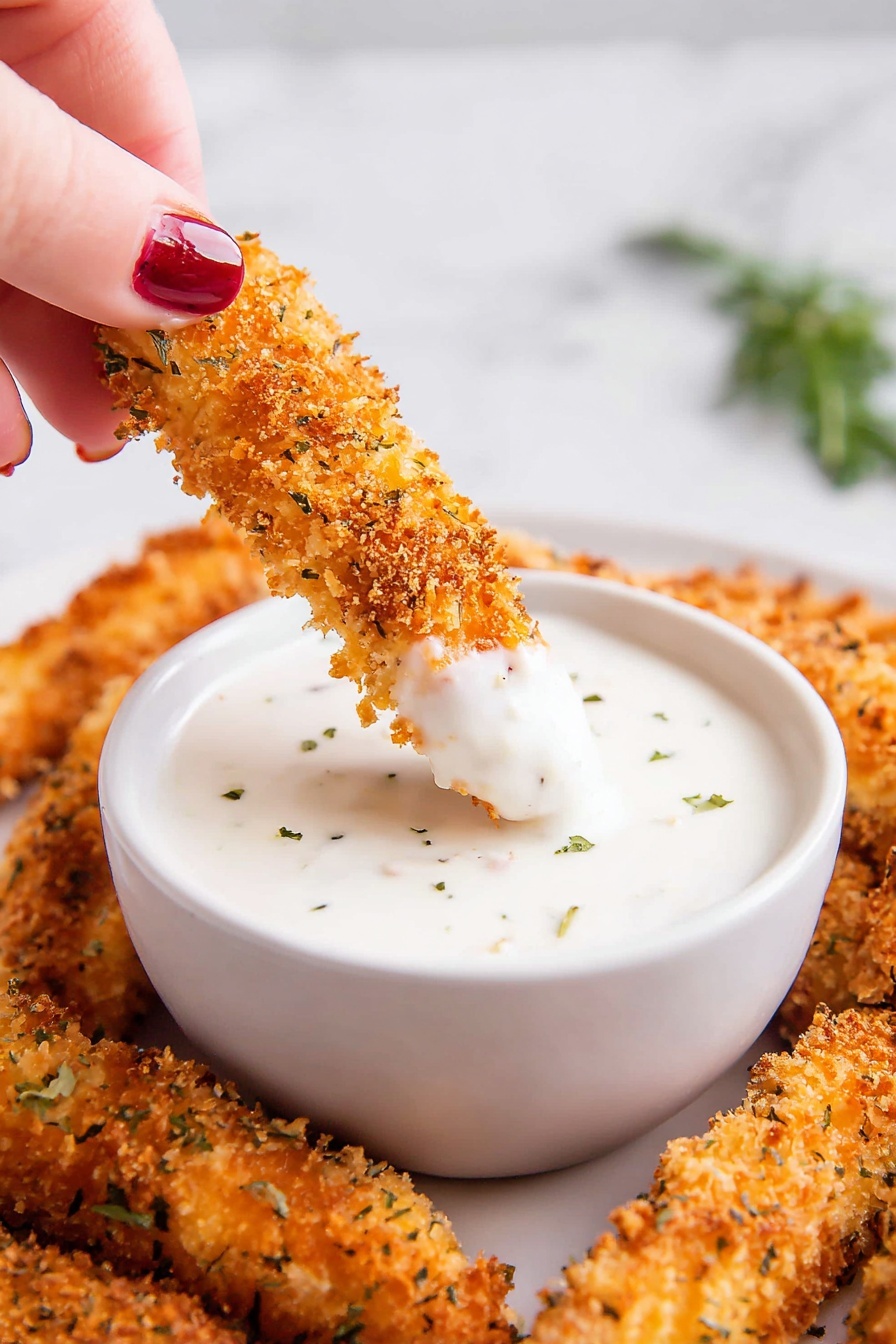A close-up shows a woman's hand with red nail polish holding a long, golden-brown crispy coated stick, dipping it into a small white bowl of thick white sauce with small specks. Surrounding the bowl are several more golden crispy sticks. The background is a white marbled texture with a blurred green herb in the distance. The scene looks bright and fresh, focusing on the crunchy texture and creamy sauce. photo taken with an iphone --ar 2:3 --v 7
