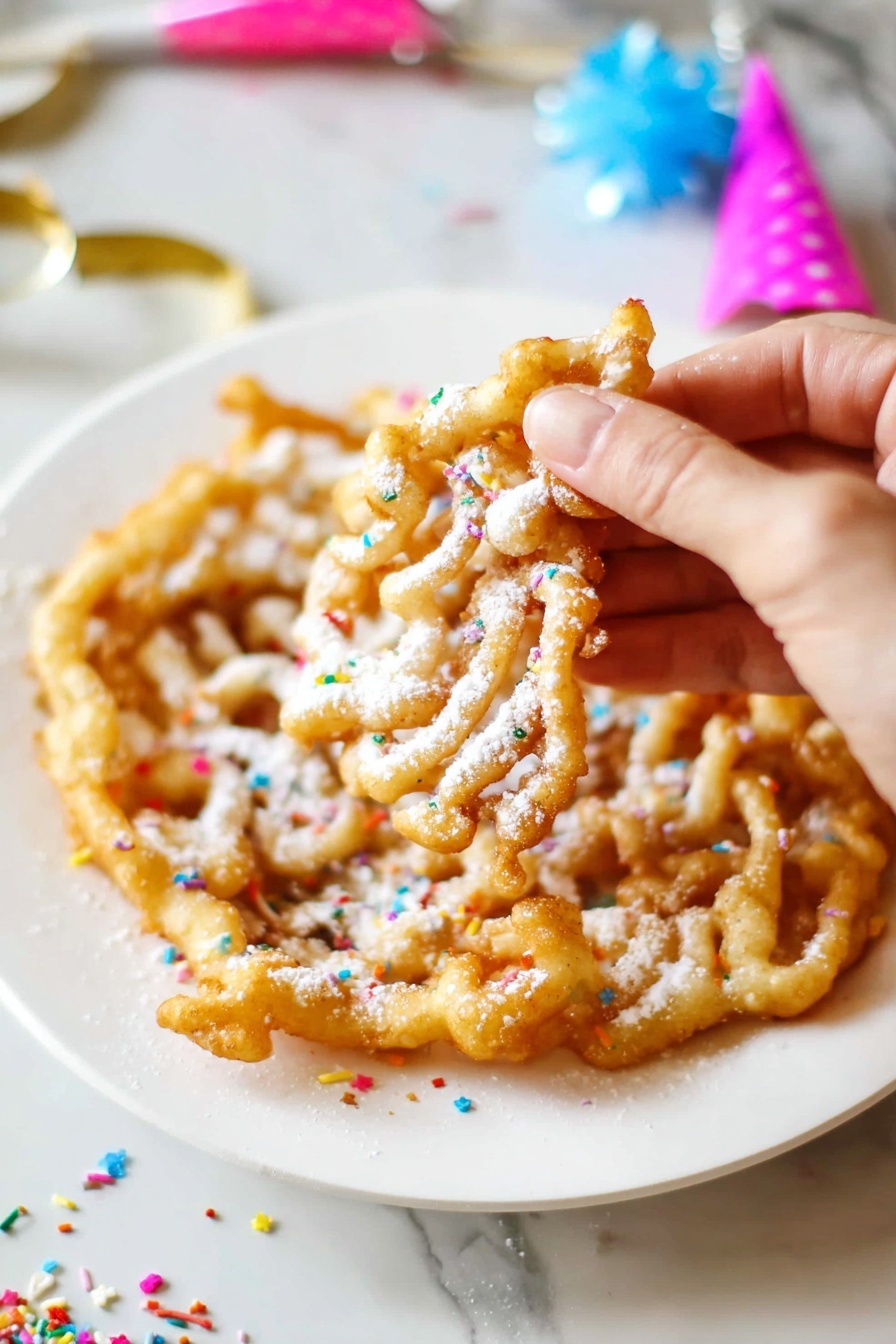 A golden brown funnel cake sits on a white plate with a slightly raised edge and a subtle patterned rim, topped thickly with white powdered sugar that highlights its twisted, lacy texture. Behind the plate is a small white bowl filled with more powdered sugar, set against a dark blurred background and on a white marbled surface. The funnel cake has a crispy and irregular edge with interwoven strands forming its round shape. Photo taken with an iphone --ar 2:3 --v 7