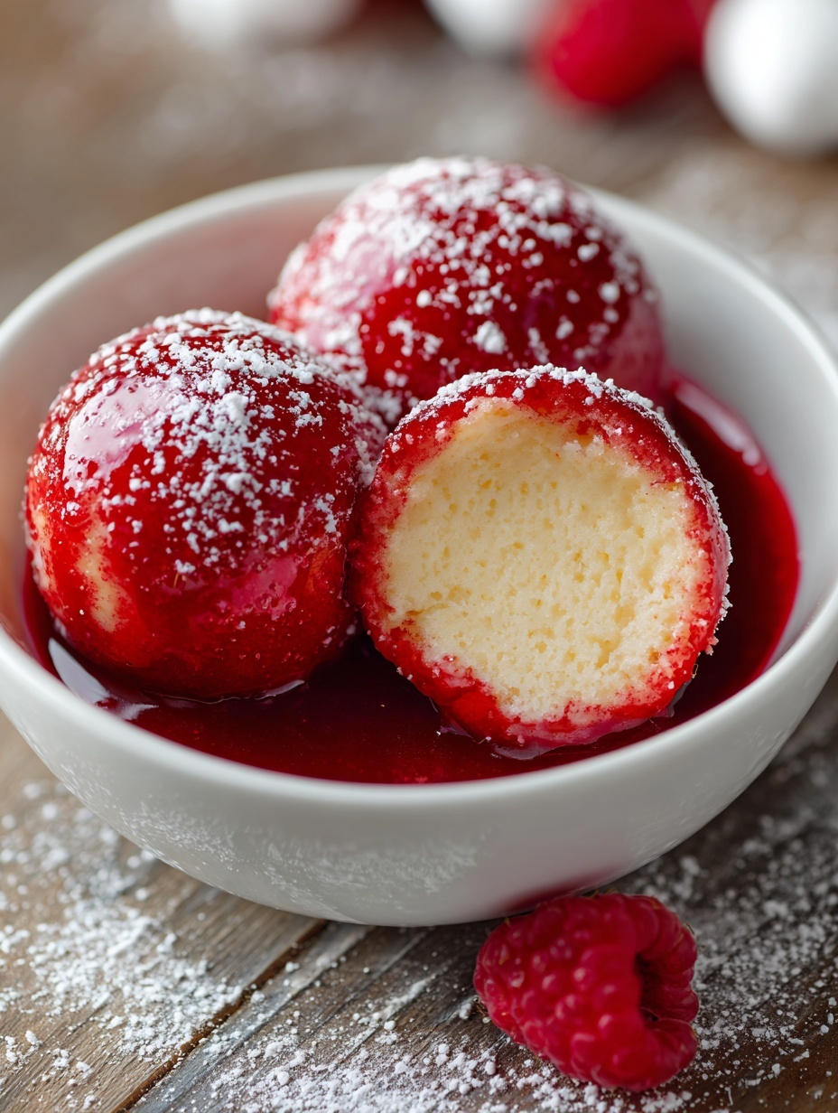 A close-up image shows a white bowl filled with two round, soft dessert balls covered in a shiny red sauce. One ball is whole while the other is cut in half, revealing a creamy, light yellow inside with a slightly pinkish outer layer soaked in the red sauce. The bowl sits on a wooden surface with a dusting of powdered sugar around it, and a fresh red raspberry is visible at the bottom right corner. The background features blurred white and red shapes, enhancing the dessert's bright colors. Photo taken with an iphone --ar 2:3 --v 7