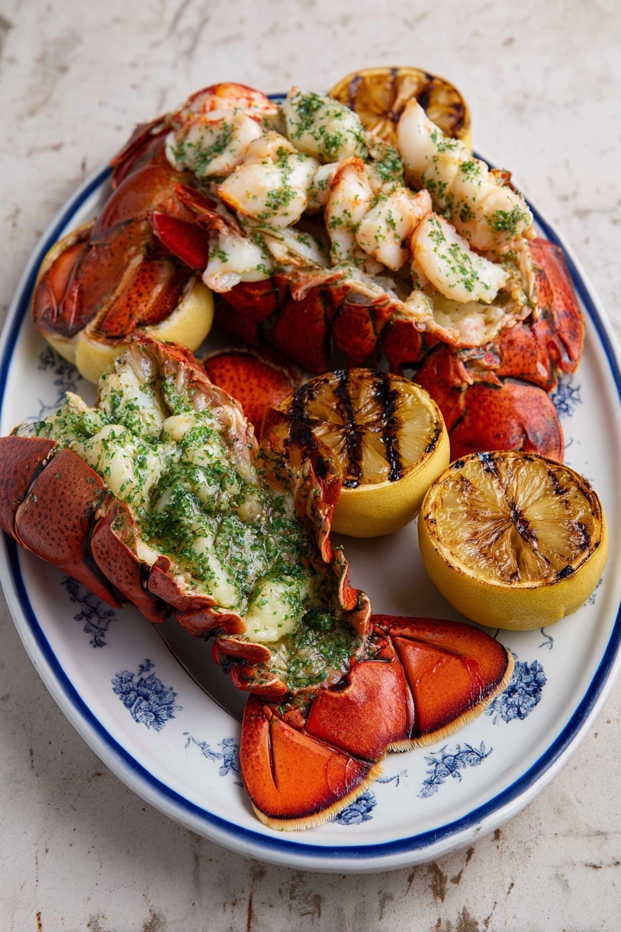 The image shows a close-up of a white plate in the front with a small pile of chopped lobster meat. The lobster pieces are white with hints of light red and green herbs sprinkled on top, giving a fresh and slightly charred look. In the background, there is a larger white plate with a whole lobster tail split open, showing its red shell and white meat inside with green herb sauce on top. Next to the lobster tail is a charred lemon half, with some dark grill marks. The whole setup is placed on a white marbled surface with a plain light-colored wall behind it. The photo is taken with an iphone --ar 2:3 --v 7