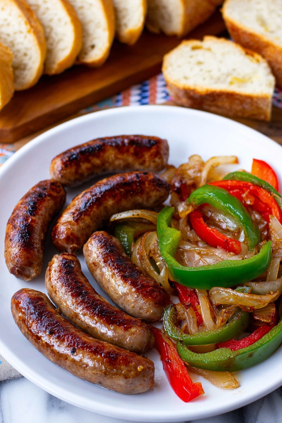 A white plate holds five browned sausages arranged in a loose circle on the left side, showing shiny, cooked skin with grill marks. On the right side of the plate, there is a colorful mix of sautéed vegetables, including sliced green and red bell peppers and translucent cooked onions, showing some light charring and seasoning. In the background, there are several pieces of sliced baguette bread resting on a wooden board, all set on a white marbled surface. Photo taken with an iphone --ar 2:3 --v 7