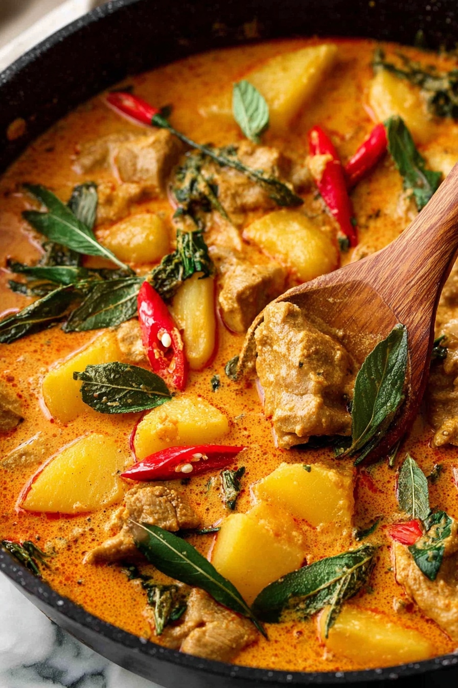 A white bowl filled with two main layers: on the right side, fluffy white rice topped with a small sprig of green cilantro, and on the left side, a creamy orange curry layer with chunks of chicken and red bell pepper strips, all mixed with green cilantro leaves. The bowl sits on a red textured cloth with some green cilantro leaves around it, against a white marbled surface. photo taken with an iphone --ar 2:3 --v 7