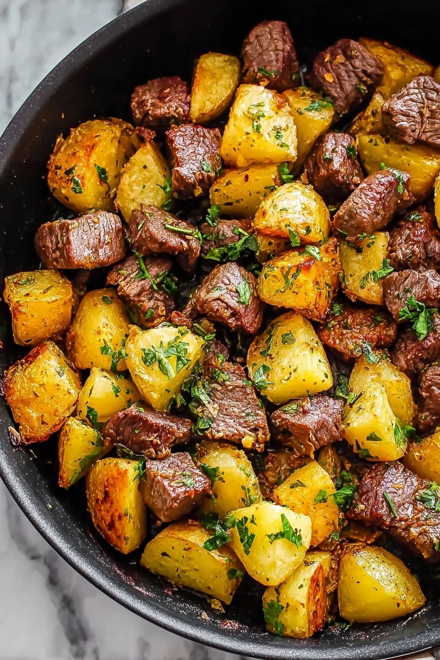 The dish shows a white wide-rimmed plate with a base layer of creamy mashed potatoes in a soft, pale yellow color, spread evenly across the bottom and slightly shaped with gentle ridges. On top of the mashed potatoes sits a layer of dark brown, well-seasoned meat chunks with a roasted texture. Over the meat, there is a drizzle of green herb sauce mixed with small bits of garlic and finely chopped fresh herbs, adding a fresh contrast. A light dusting of finely grated white cheese is sprinkled on the top. The plate is set on a white marbled surface with fresh green parsley and garlic bulbs nearby, and a clear glass butter dish with yellow butter is placed in the background. Photo taken with an iphone --ar 2:3 --v 7