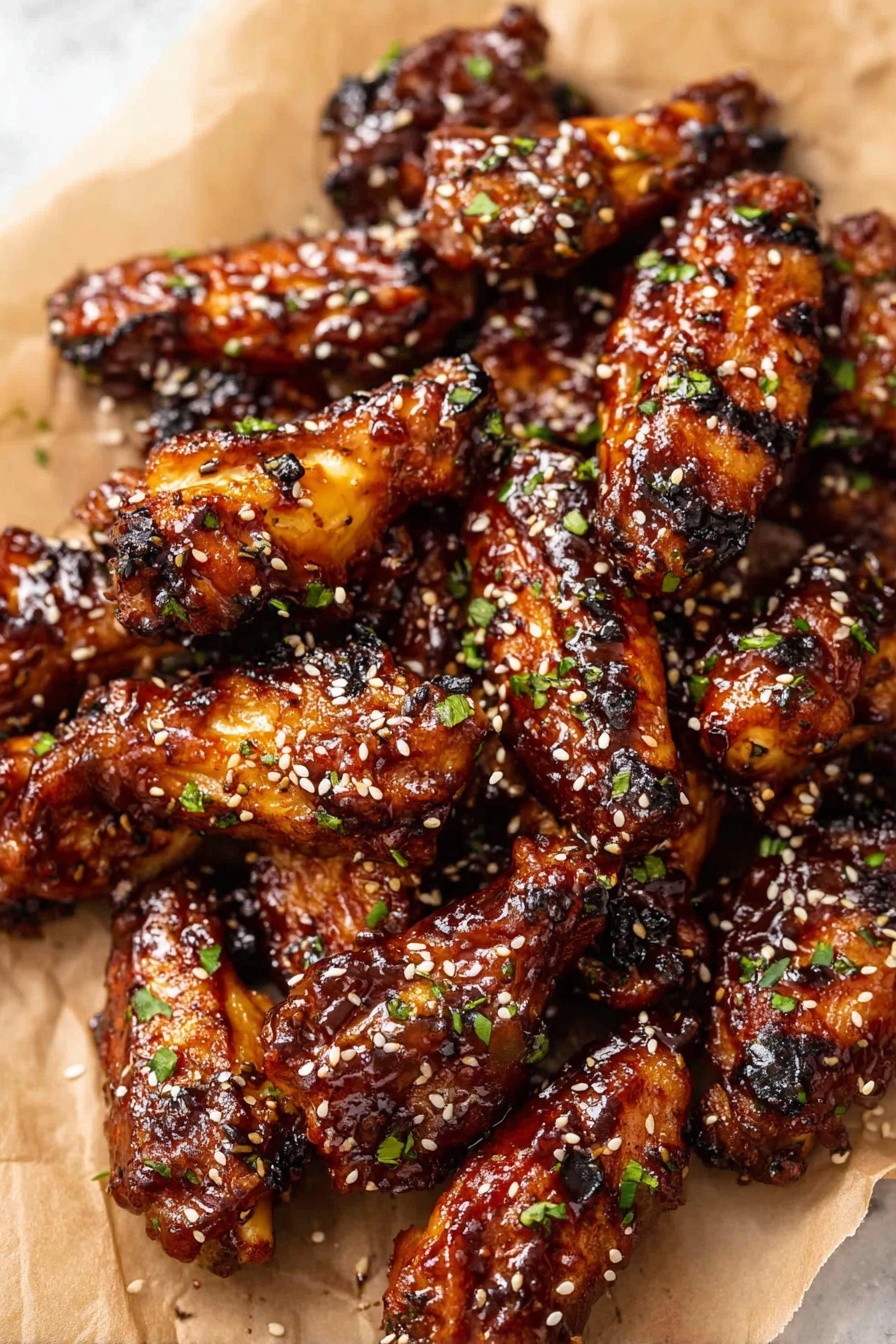 A pile of shiny, grilled chicken wings covered in a thick, dark brown sauce with a sticky texture is placed on a sheet of parchment paper. The wings have slight charred marks and are sprinkled with white sesame seeds and small bits of green herbs scattered evenly on top, giving contrast to the rich glaze. The wings are clustered closely together, showing layers of different sizes and shapes all coated with the glaze. The background is a white marbled texture. photo taken with an iphone --ar 2:3 --v 7