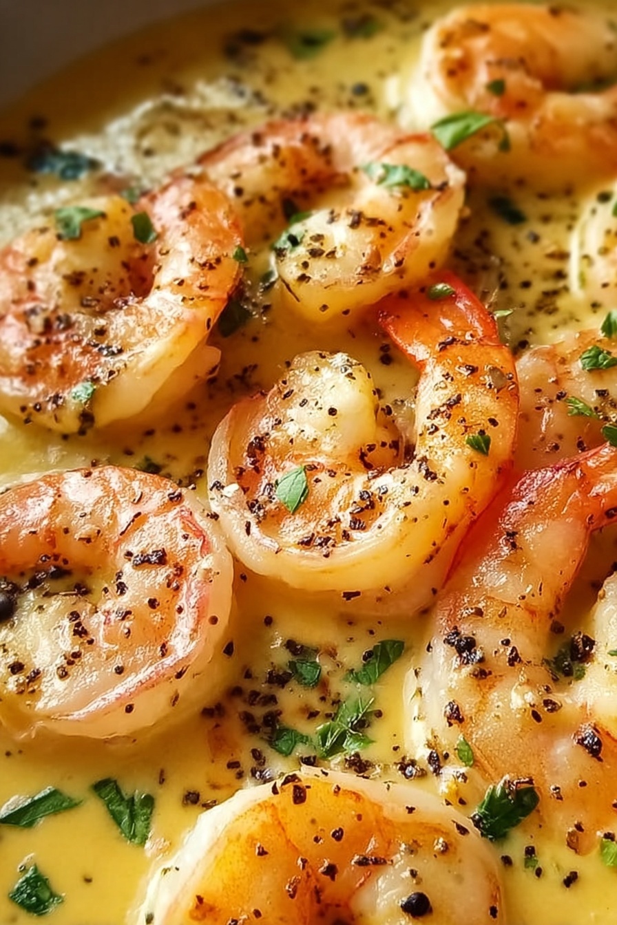 A white bowl filled with several plump shrimp, each curled and lightly pink with a smooth texture, sitting in a pale yellow creamy sauce. The sauce is thick and smooth, with small green herb pieces and black pepper sprinkled on top. There is a half-slice of lemon placed on the edge of the bowl, adding a bright touch. The whole bowl is placed on a white marbled surface. photo taken with an iphone --ar 2:3 --v 7