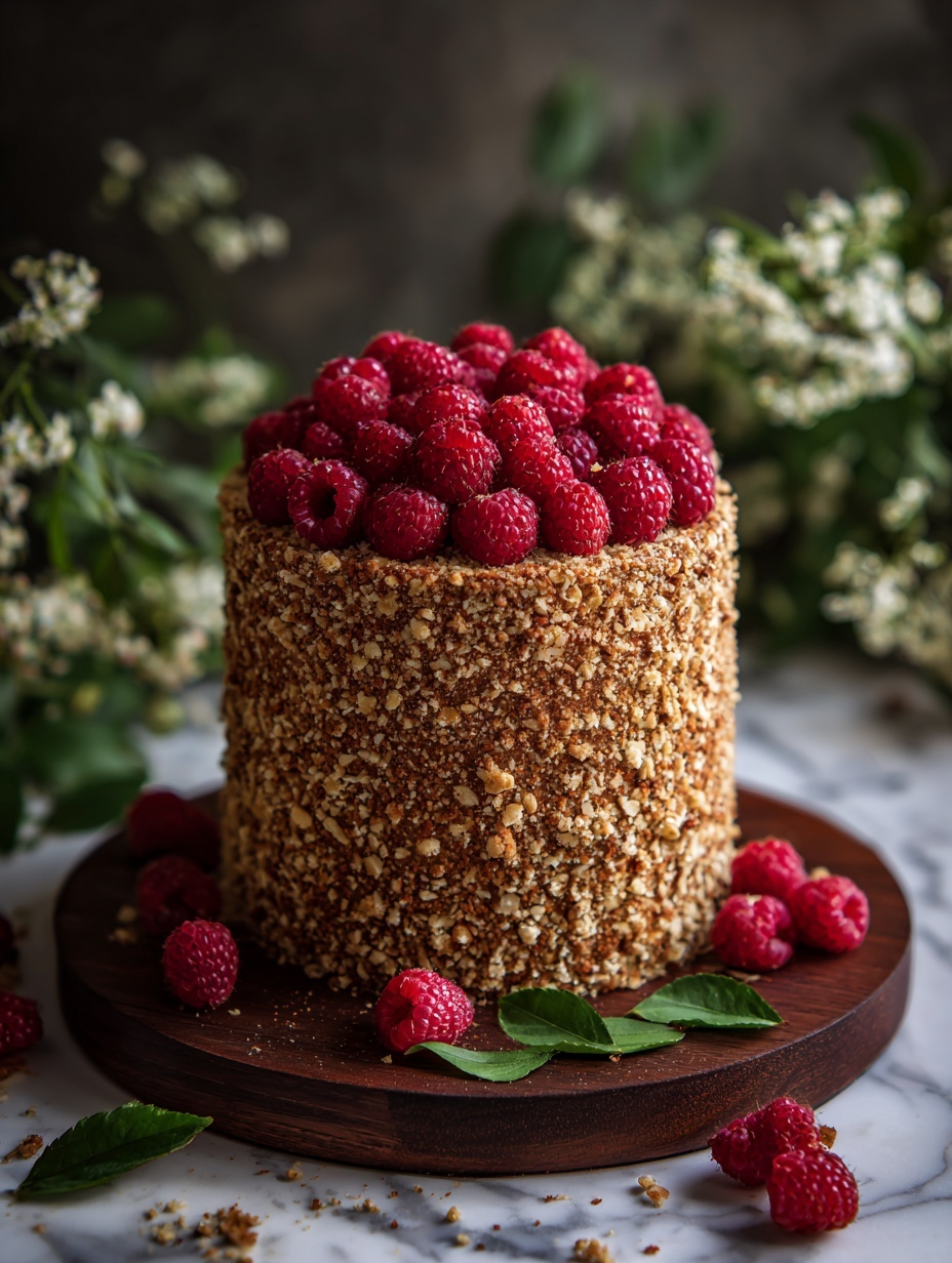 A tall, round cake sits on a dark round wooden board, covered all around with a crumbly nut layer that looks rough and textured. The top of the cake is full of piled fresh red raspberries, making a bright and bumpy crown. Around the cake, there are scattered fresh raspberries and green leaves placed on a dark wooden surface with a white marbled texture added. In the background, soft green leaves and small white flowers rise, adding a natural touch to the scene. The whole picture is set with moody, low lighting that highlights the colors and textures of the cake and berries. photo taken with an iphone --ar 2:3 --v 7
