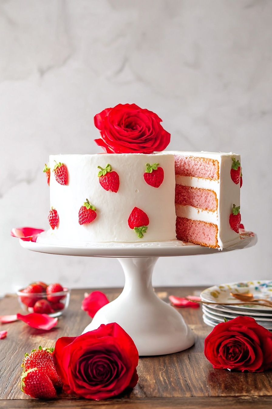 A two-layer round cake with pink sponge and white frosting is on a white cake stand. The outside of the cake is decorated with small red strawberry shapes with green stems. On top of the cake, there is a large red rose in the center. A slice of the cake is being lifted out, showing the pink layers and white frosting in between. Around the cake stand, on a wooden table with a white marbled texture in the background, there are several red roses and fresh strawberries scattered. Photo taken with an iphone --ar 2:3 --v 7