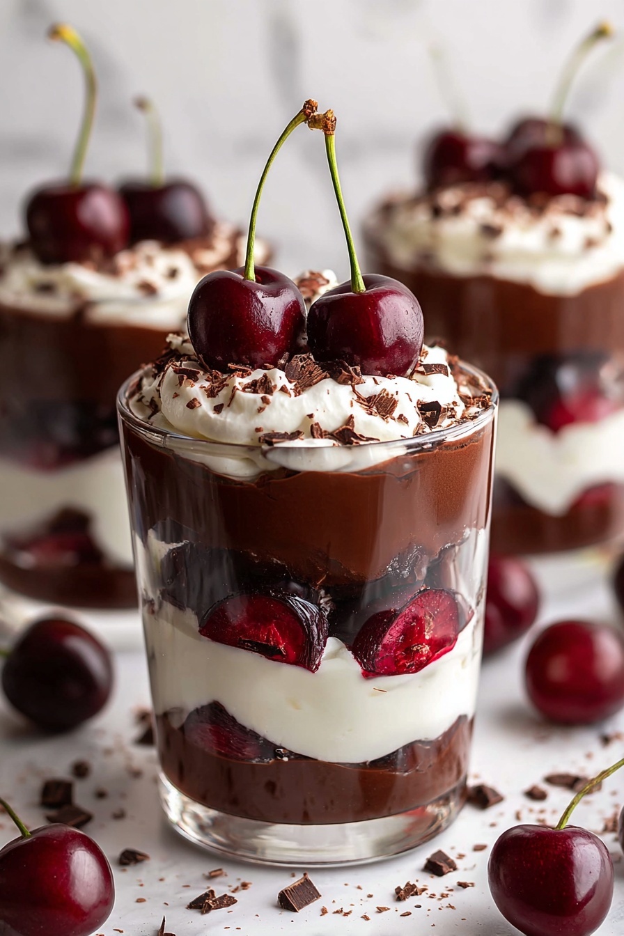 The image shows a clear glass filled with a dessert made of five visible layers. The bottom layer is creamy and white, topped by a thick dark chocolate layer with chopped red cherries embedded in it. Above that is another white creamy layer, followed by another thick dark chocolate layer. The dessert is topped with a dollop of white cream, sprinkled with small chocolate shavings, and three whole dark red cherries with green stems sitting on top. In the background, two more similar layered desserts are slightly blurred, placed on a white marbled surface with scattered chocolate shavings and whole cherries around the glass. photo taken with an iphone --ar 2:3 --v 7