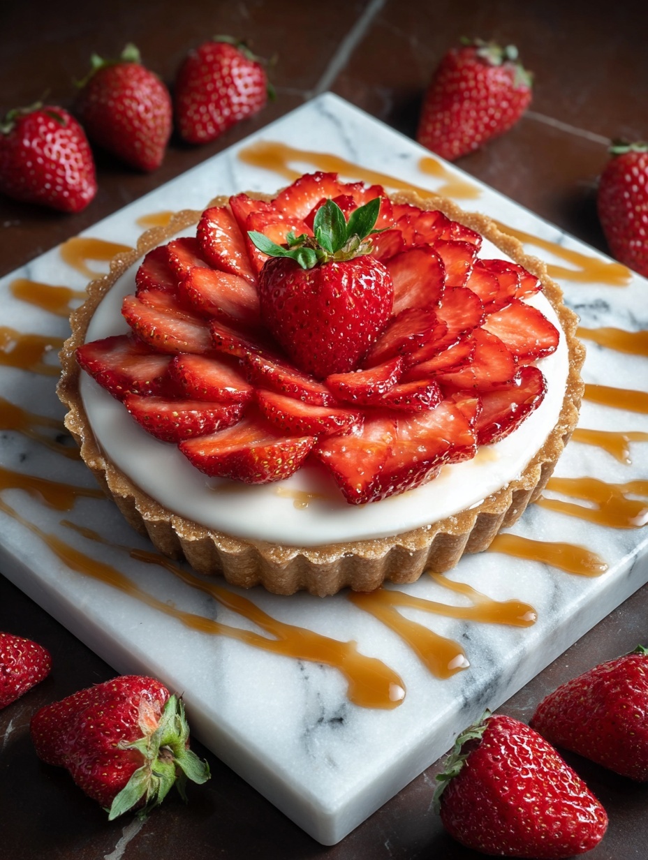 A small tart sits in the center of a white marble square plate, topped with a golden-brown crust base. Over the crust, there is a thick layer of white cream spread evenly. On top of the cream, thinly sliced red strawberries are arranged in a circular pattern, with a whole strawberry placed in the middle. Around the tart on the white marble plate, caramel sauce is drizzled in loose spiral lines. The plate is surrounded by several whole strawberries on a dark wood surface. Photo taken with an iphone --ar 2:3 --v 7