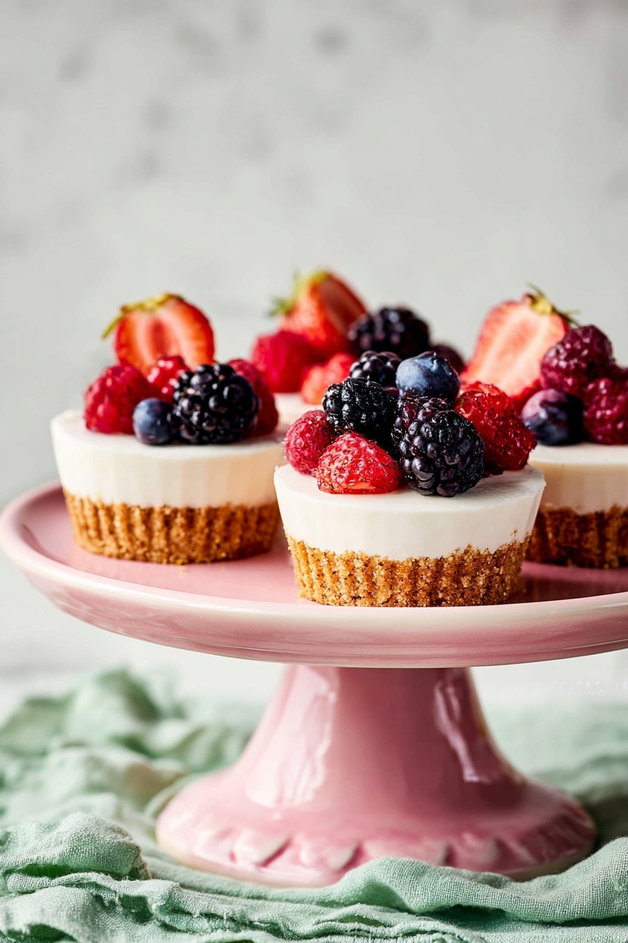 Four small tarts are placed on a pink cake stand with a smooth surface and scalloped edge, sitting on a crumpled green cloth. Each tart has three layers: a crumbly golden brown base, a thick white cream middle layer, and a top layer of mixed fresh berries including blackberries, blueberries, and strawberries, all shiny and vibrant red and blue. The background features a soft, light creamy color with a white marbled texture surface underneath. The photo taken with an iphone --ar 2:3 --v 7