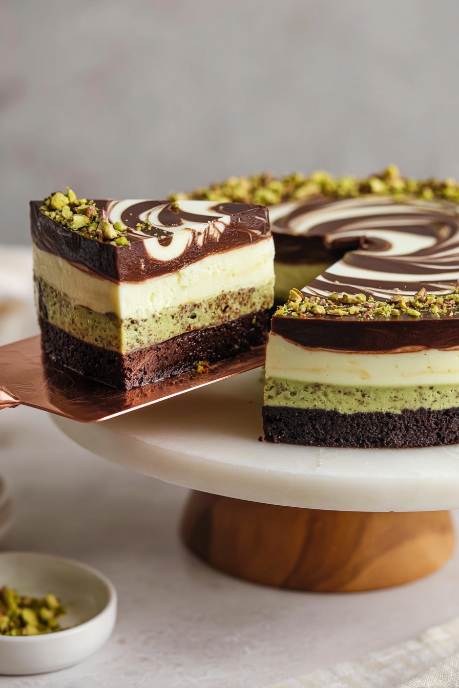 The image shows a round cake pan with two visible layers of ingredients. The bottom layer is a dense, foamy-textured, light green mixture covering the whole base of the pan. Over this, there is a dark brown, smooth, shiny liquid layer spread unevenly, covering about half of the foamy green surface. The pan rests on a white marbled surface. photo taken with an iphone --ar 2:3 --v 7