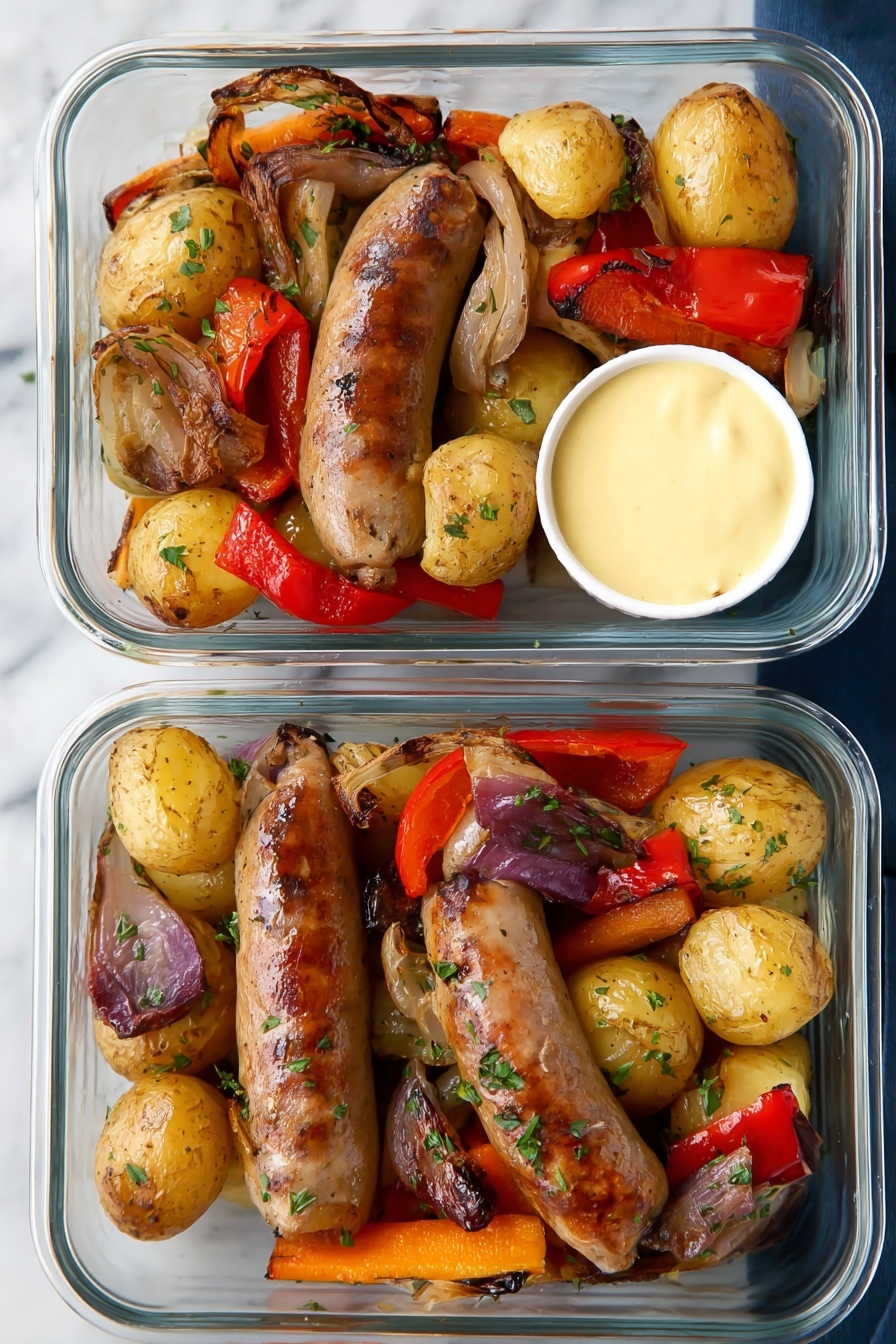 A white rectangular baking dish is filled with layers of food starting with round light golden potato slices at the bottom, topped with charred white onion wedges, and large strips of bright red and green bell peppers scattered on top. A woman's hand is pouring a clear liquid from a glass measuring cup into the dish. Around the baking dish on a white marbled surface, there are three small clear glass bowls filled with dried green herbs, ground black pepper, and salt, along with another glass measuring cup filled with a yellow liquid. photo taken with an iphone --ar 2:3 --v 7