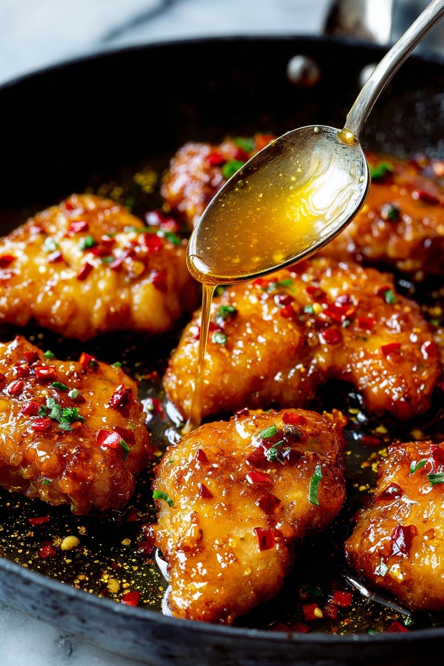 The image shows several pieces of golden brown fried chicken in a dark pan, each piece covered with a shiny sauce that has red chili flakes and small green herb bits sprinkled on top. A spoon is pouring a thick amber-colored glaze or honey over one piece near the bottom center, adding extra shine and texture. The chicken pieces look juicy with a crispy outside, and the pan holds a bit of the sauce mixed with oil. The background is a white marbled texture. photo taken with an iphone --ar 2:3 --v 7