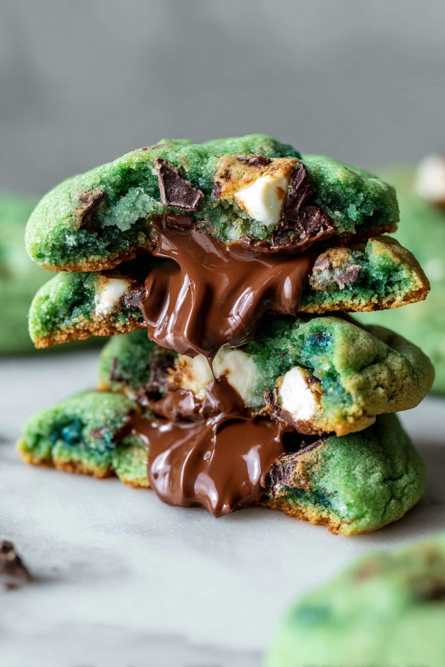 The image shows a close-up of two stacked green cookies broken in half, revealing three layers. The outermost layer is a vibrant green cookie dough with a soft, slightly crumbly texture, embedded with small chunks of white and dark chocolate pieces and some cookie bits. The middle layer is filled with melted, smooth brown chocolate that stretches and drips slightly between the broken halves. The bottom layer is the base of the cookie, slightly golden with a chewy texture. The cookies rest on a white marbled surface with soft natural lighting. Photo taken with an iphone --ar 2:3 --v 7