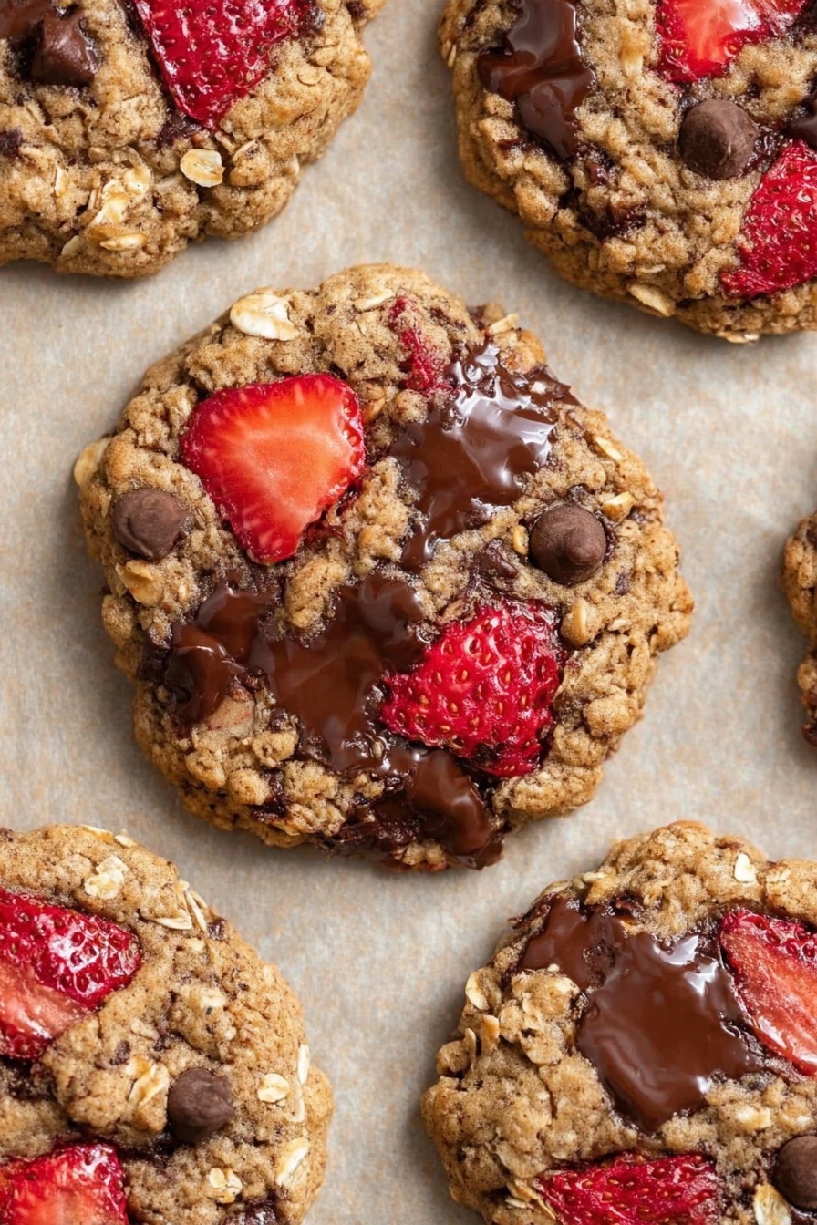The image shows a close-up of large oatmeal cookies scattered on a light parchment paper background. Each cookie has a rough, uneven round shape with a golden-brown color from baked oats. Dark brown melted chocolate patches and small chocolate chips are distributed unevenly on top, some partially melted and glossy. Bright red strawberry slices with visible seeds are embedded in the cookie dough, adding contrast to the earthy tones. The texture looks chewy with crunchy oat bits and soft chocolate pools. photo taken with an iphone --ar 2:3 --v 7
