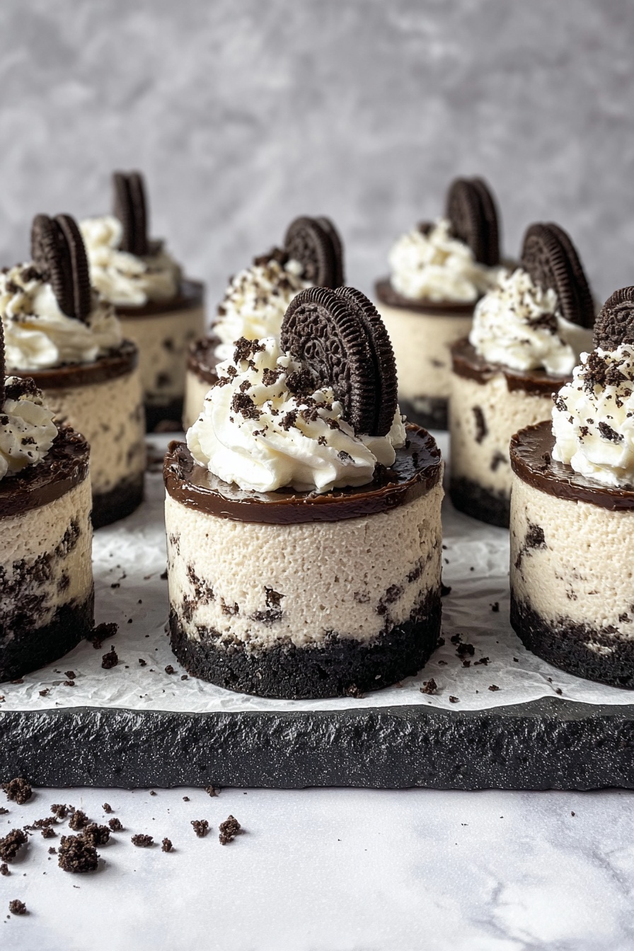 The image shows six small round cheesecakes on a dark textured board with white paper underneath, placed on a white marbled surface. Each cheesecake has three layers: the bottom layer is a dark crumbly cookie crust, the middle layer is thick and creamy with small dark cookie bits mixed inside, and the top layer has a smooth glossy chocolate spread. On top of each cheesecake, there is a swirl of white whipped cream sprinkled with more cookie crumbs, and each one is decorated with a small whole dark cookie standing upright behind the cream. The background is a soft, greyish-white color. photo taken with an iphone --ar 2:3 --v 7