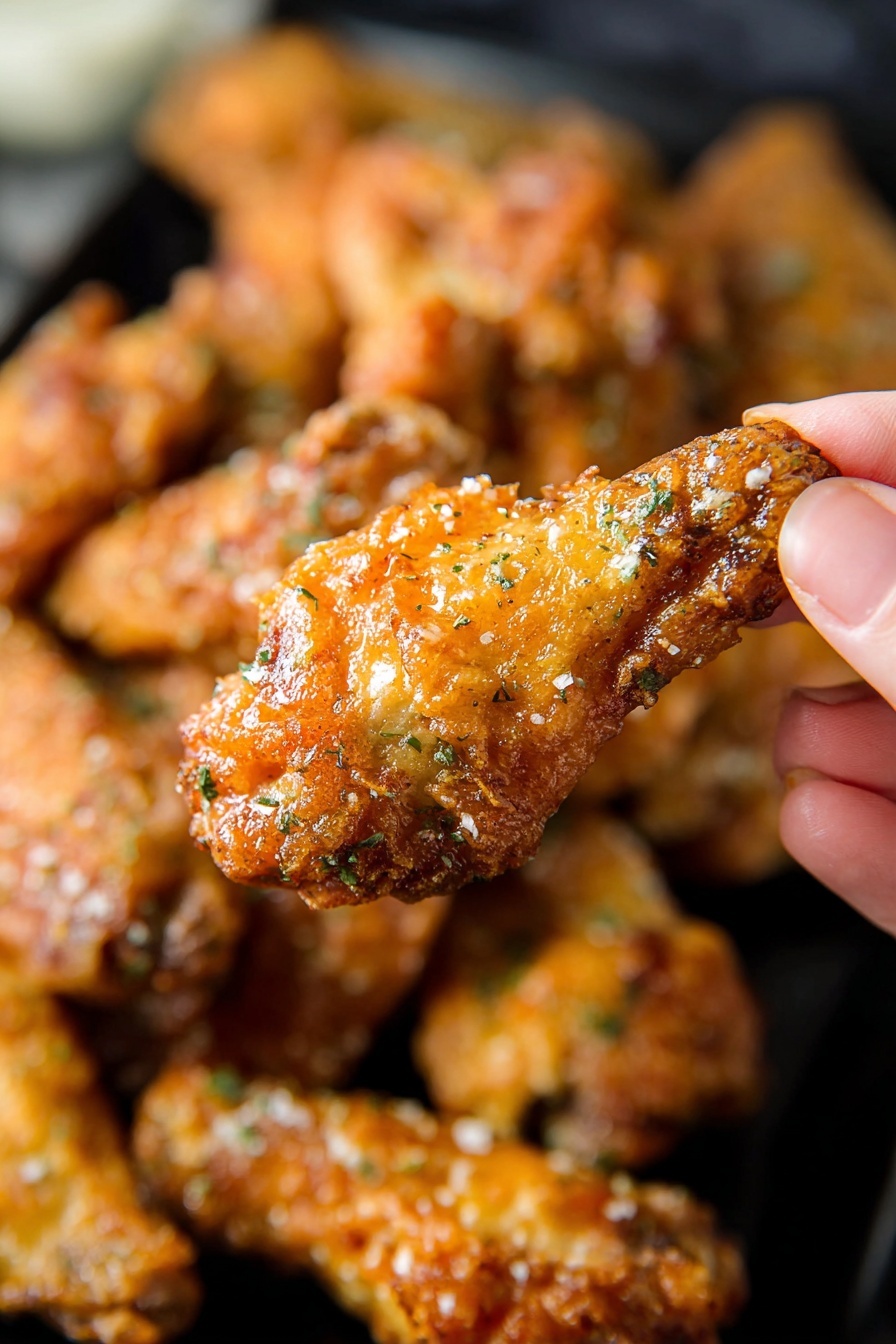 A close-up photo shows a golden-brown fried chicken wing held by a woman's hand in the foreground. The chicken wing looks crispy with a rough, crunchy texture and is sprinkled with small bits of white garlic and green herbs. Behind it, a pile of similar fried chicken wings fills a dark surface, slightly blurred to keep the focus on the held wing. The overall look is warm and appetizing, with the shiny garlic butter coating giving a glossy shine to the fried skin. photo taken with an iphone --ar 2:3 --v 7