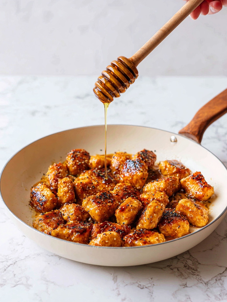 The image shows a close-up of small, golden-brown pieces of cooked chicken in a white bowl with a thin dark rim. The chicken pieces have a crispy and slightly charred texture with visible black pepper and seasoning. Honey is being drizzled over the chicken from a wooden honey dipper, creating a shiny, sticky layer on top. The background is a white marbled texture, and part of a woman's hand holding the honey dipper is barely visible at the edge of the bowl. The scene is warm and appetizing with rich colors and textures. photo taken with an iphone --ar 2:3 --v 7