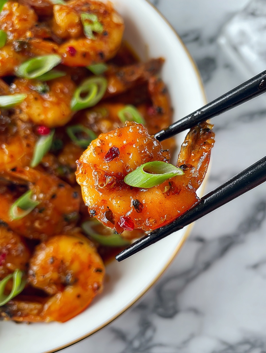 A close-up of a white plate filled with shrimp covered in a thick, glossy orange sauce, sprinkled with chopped green onions. The shrimp are plump and coated evenly with the sauce, giving a shiny, smooth texture. A pair of dark chopsticks hold one shrimp in the foreground, showing the bright orange color and fresh green onion garnish. The plate sits on a white marbled surface with soft natural light highlighting the sauce's shine. photo taken with an iphone --ar 2:3 --v 7