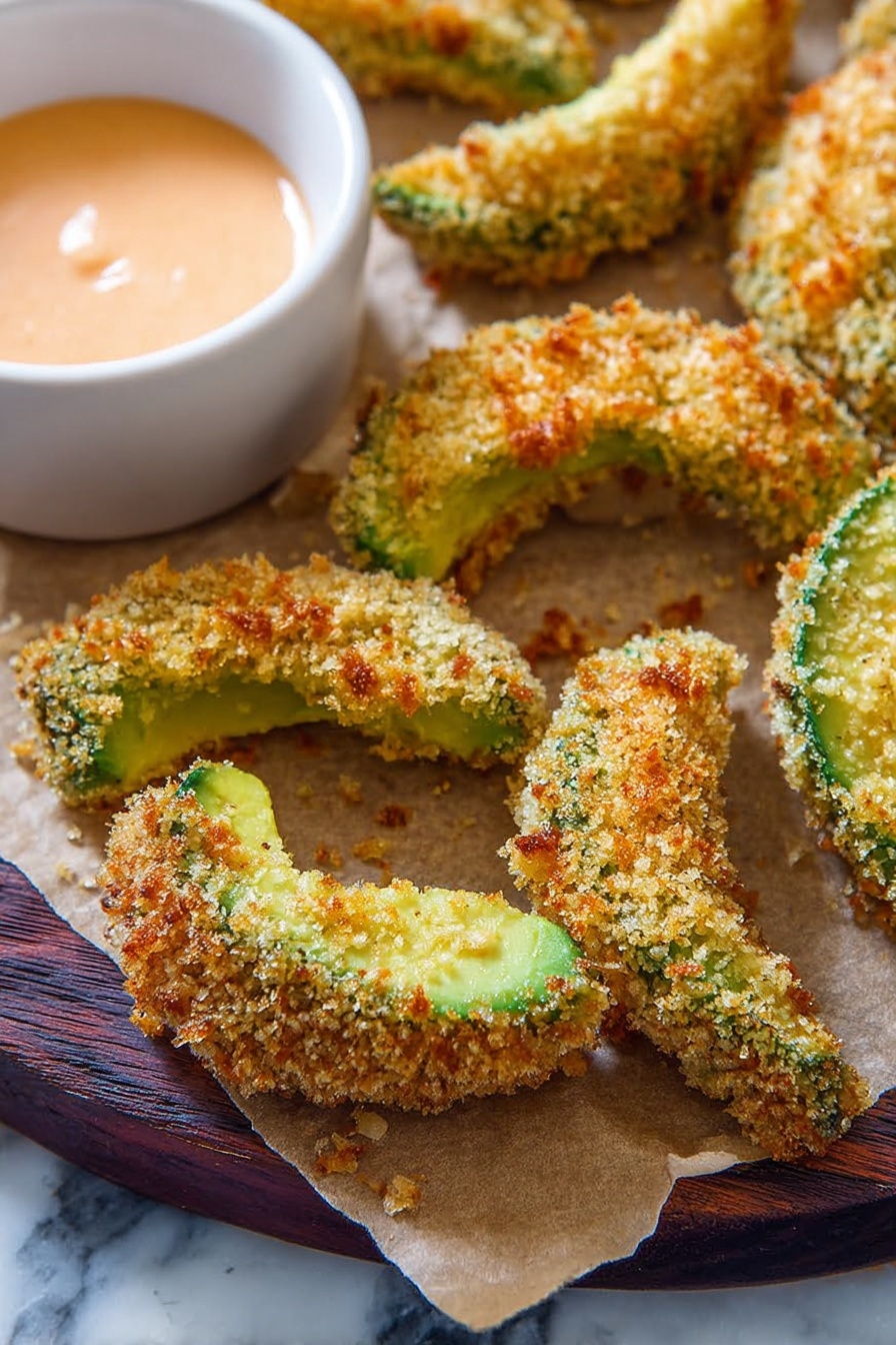 The image shows several pieces of crispy fried avocado slices arranged on brown parchment paper over a white marbled surface. Each avocado slice has a golden-brown crunchy coating with some green avocado skin visible on the edges. On the left side, there is a small white cup filled with light orange creamy dipping sauce. The crispy texture of the coating is rough and uneven, showing toast points with darker brown spots. The composition is close-up, focusing on the texture and color contrast between the warm golden crust and the green avocado inside. Photo taken with an iphone --ar 2:3 --v 7