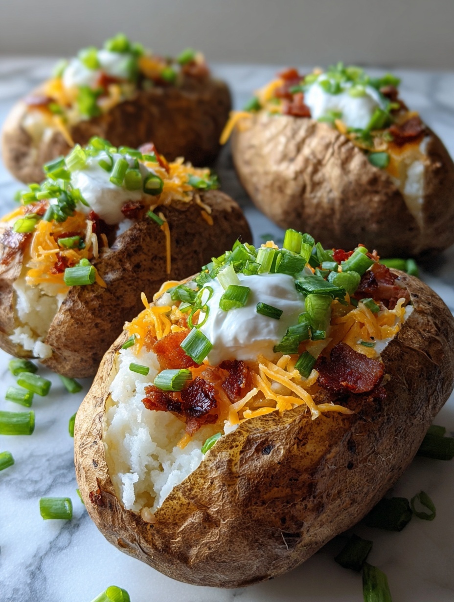 Four baked potatoes with rough brown skins are placed on a white textured plate over a white marbled surface. Each potato is split open, revealing soft white insides, topped with orange shredded cheese, small square pieces of cooked bacon, dollops of white sour cream, and chopped green onions scattered on top and around. In the background, a small white bowl filled with sour cream and a gold spoon rests on the white marbled surface. photo taken with an iphone --ar 2:3 --v 7