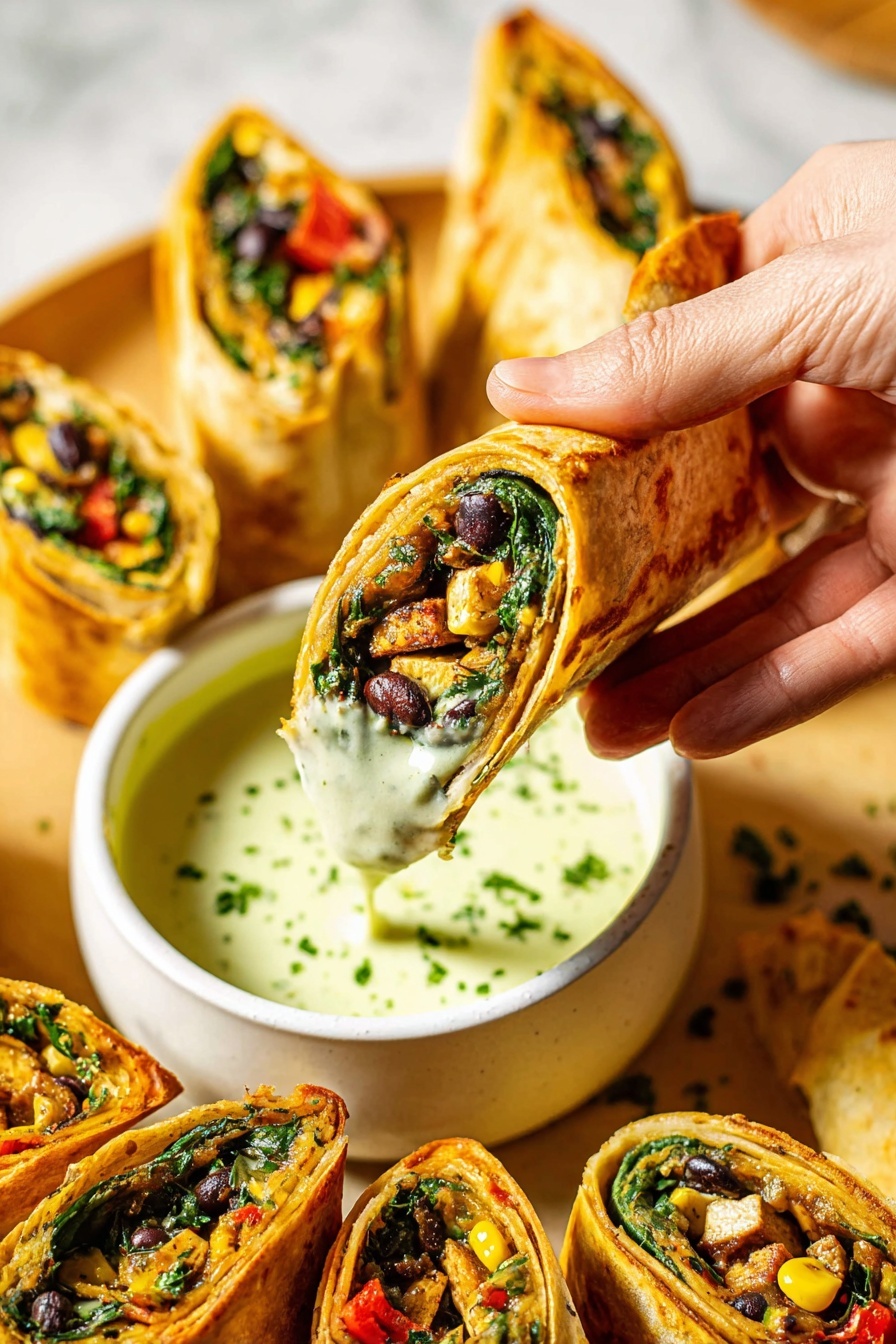 The image shows several golden brown, crispy rolled wraps filled with layers of green spinach leaves, black beans, yellow corn kernels, small pieces of light brown tofu, and hints of red peppers, all tightly rolled in a soft, light tan tortilla. One piece is held by a woman's hand, dipped into a bowl of pale green creamy sauce sprinkled with small green herbs. The wraps are arranged on a white round plate with the sauce bowl in the center, all placed on a white marbled surface, with another white plate and wrap visible in the background. Photo taken with an iphone --ar 2:3 --v 7