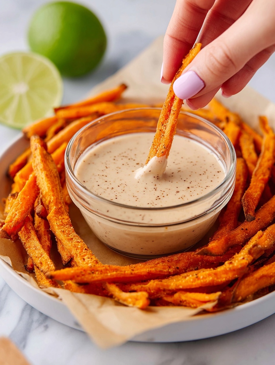 A white bowl filled with many orange sweet potato fries with a slightly crispy texture surrounds a smaller clear glass bowl in the center. The smaller bowl holds a creamy light beige sauce speckled with tiny darker spots. A woman's hand with white painted nails is dipping one sweet potato fry into the sauce. In the background, there are two lime halves and a white marbled surface under the bowl. Photo taken with an iphone --ar 2:3 --v 7