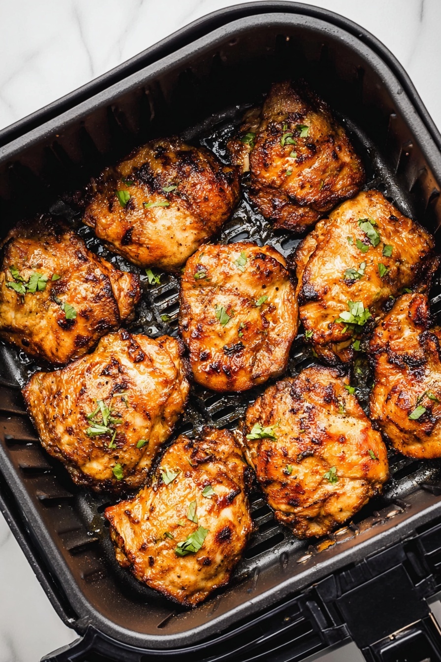 A black air fryer basket filled with nine pieces of cooked chicken thighs that have a golden-brown color with darker grilled spots. The chicken pieces are arranged closely together, and small green herb leaves are sprinkled on top, adding a fresh contrast. The basket has ridged sides and a slightly shiny, oily surface visible under the chicken. The background is a white marbled texture. photo taken with an iphone --ar 2:3 --v 7