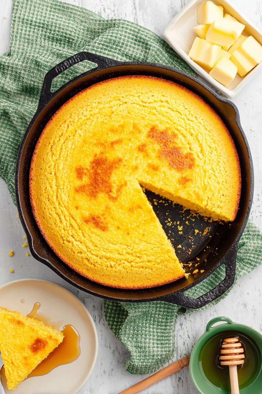A golden-yellow cornbread sits in a black cast iron skillet with one triangular slice removed, revealing the soft inner texture. The top is slightly browned in spots, showing a crumbly and moist surface. Around the skillet, a folded green and white checkered cloth is placed on a white marbled surface. To the top right, a small white rectangular dish holds several slices of yellow butter. At the bottom left, a white plate holds one cornbread slice topped with a pat of butter. Near the plate, there is a small green bowl with a wooden honey dipper resting inside. Photo taken with an iphone --ar 2:3 --v 7