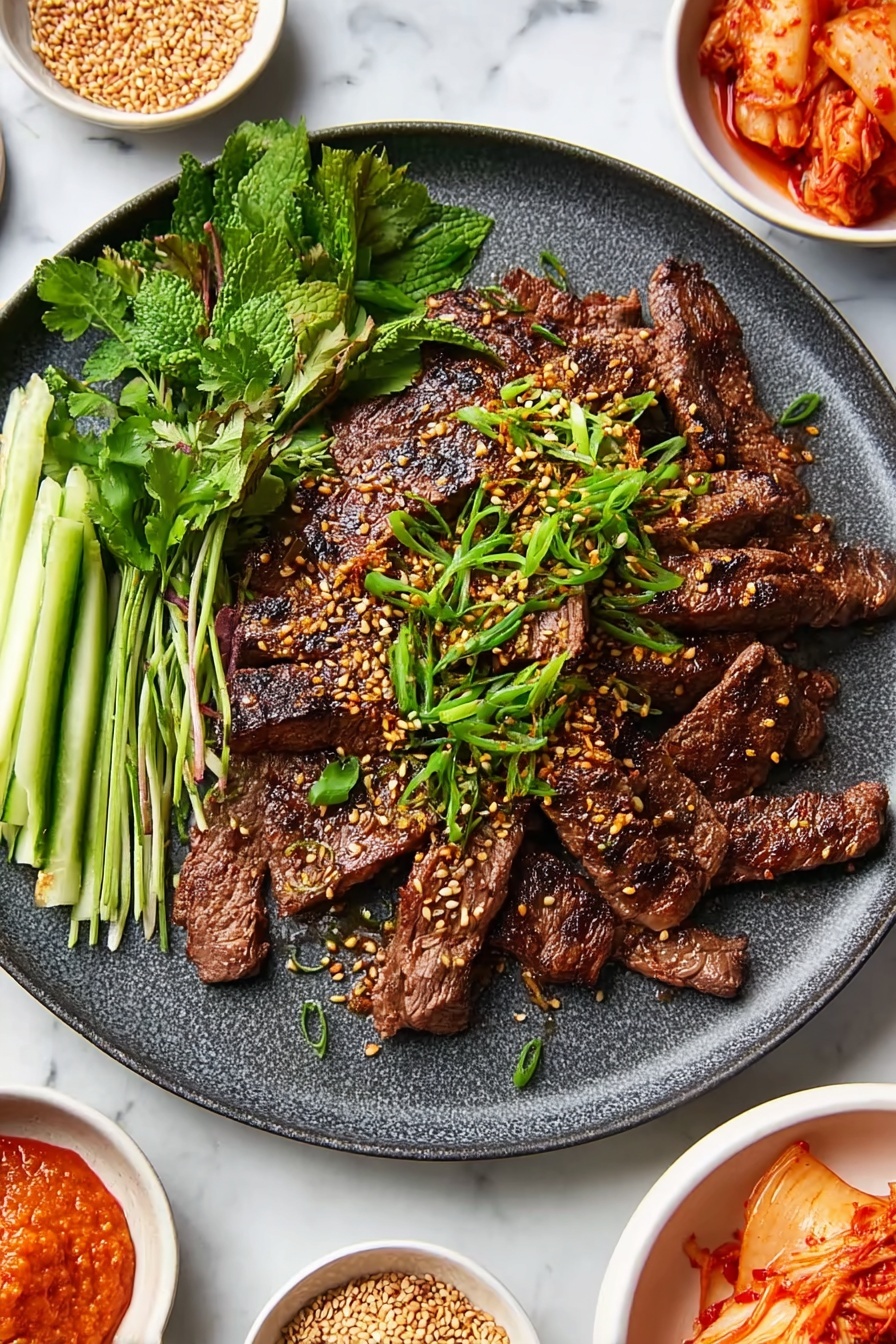A large dark grey plate holds a pile of dark brown grilled meat slices, sprinkled with light brown sesame seeds and chopped bright green spring onions. On the left side of the plate, there are fresh green leafy herbs and light green cucumber sticks arranged in a small bunch. Surrounding the plate on a white marbled surface are small white bowls containing a bright orange paste, deep red sauce with chili flakes, pale yellow sesame seeds, and a bowl of reddish kimchi with various shades of red and orange. Photo taken with an iphone --ar 2:3 --v 7