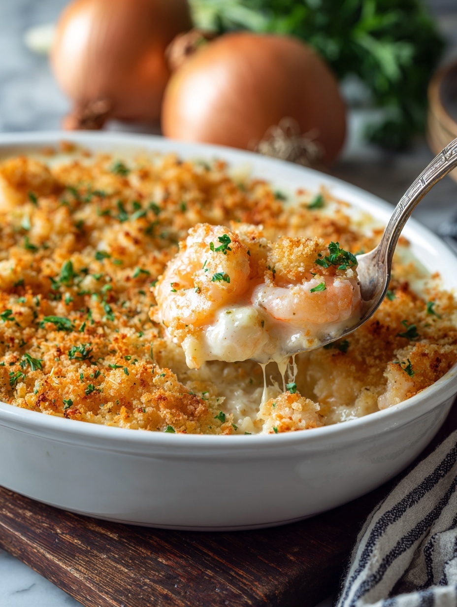A white pan filled with a creamy, light beige sauce mixed with plump shrimp and small pasta. The top layer is covered with a golden-brown crumb topping sprinkled with fresh green parsley. A silver spoon rests in the pan, lifting some shrimp and sauce, showing texture. The pan sits on a dark wooden surface with a white marbled background, and there is a whole onion and green pepper blurred in the background. photo taken with an iphone --ar 2:3 --v 7