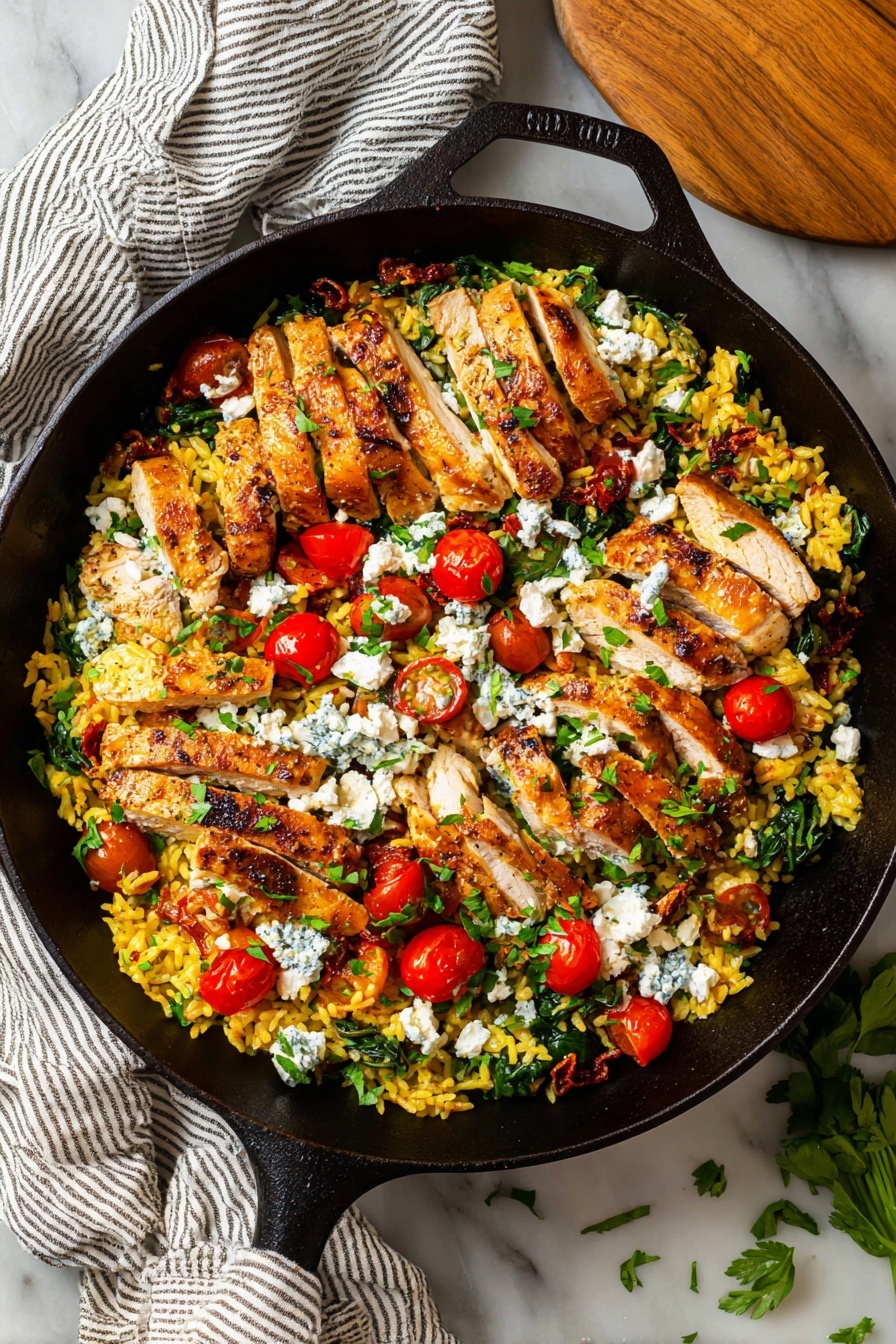 A black cast iron pan filled with a colorful layered dish. The base layer is yellow rice mixed with green spinach leaves and small pieces of sun-dried tomatoes. On top of the rice are grilled golden brown sliced chicken pieces arranged evenly. Scattered throughout are halved bright red cherry tomatoes and small chunks of crumbly white cheese. Fresh green herbs like parsley and basil leaves are sprinkled on the whole dish, adding a fresh touch. The pan sits on a white marbled surface, next to a striped towel and a round wooden board. Photo taken with an iphone --ar 2:3 --v 7