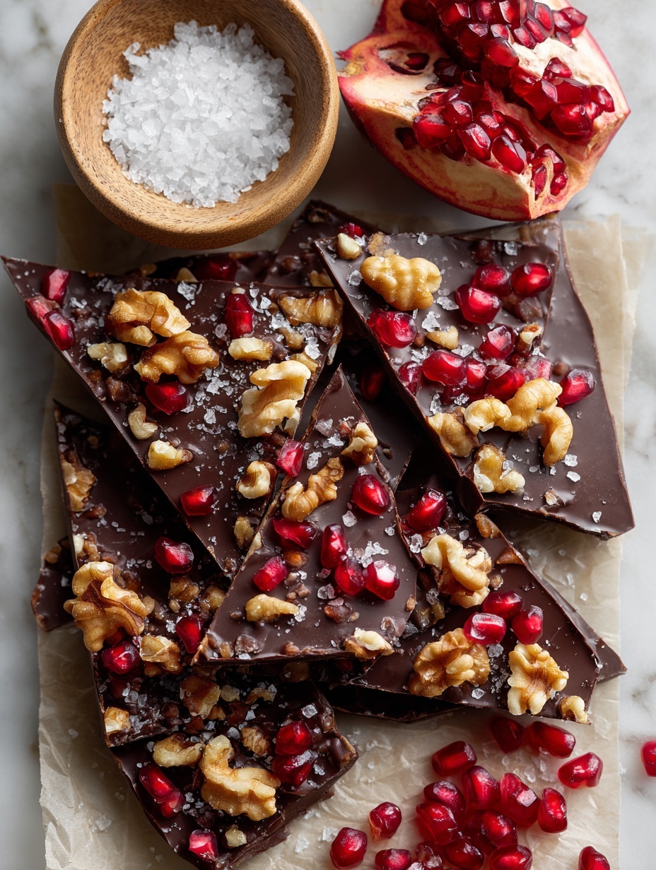 A tray holds large pieces of dark chocolate bark topped with scattered walnut pieces and bright red pomegranate seeds, broken into uneven chunks and layered on parchment paper. The dark brown smooth chocolate base creates a rich backdrop for the crunchy light brown nuts and shiny jewel-like red seeds. Near the top edge sits a small round bowl filled with white flaky salt, and a torn pomegranate section with vibrant seeds rests close by. The background surface is a white marbled texture. photo taken with an iphone --ar 2:3 --v 7