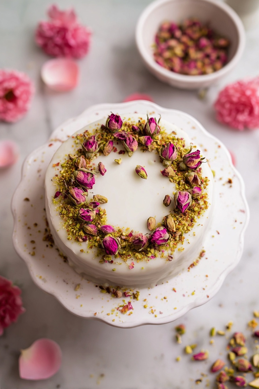 A small round cake covered in smooth white icing sits on a white scalloped cake stand with a white marbled texture underneath. On top of the cake is a circle of crushed green pistachios mixed with small dried pink rose petals, inside of which is another ring of small whole dried pink rosebuds standing upright. A small white bowl with more whole dried pink rosebuds is blurred in the background, and pink carnations appear softly out of focus in the front. Scattered crushed pistachios and rose petals lie around the cake on the stand and surface. Photo taken with an iphone --ar 2:3 --v 7