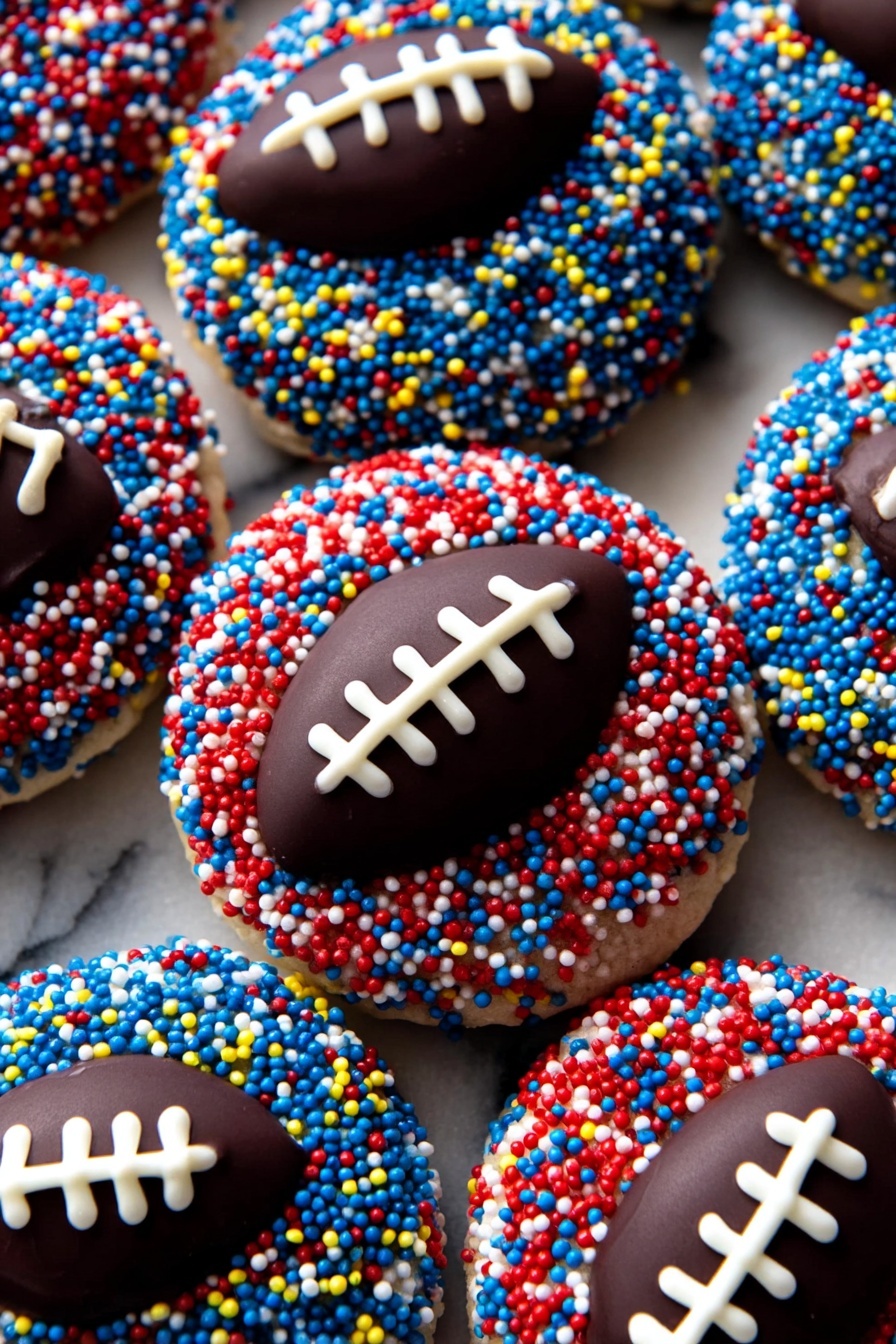 The image shows round sugar cookies covered in tiny round sprinkles in red, blue, white, and yellow colors. Each cookie has a dark chocolate oval shape on top that looks like a small football with white icing forming laces in the center. The cookies are tightly packed together on a white marbled surface, filling the frame with their bright, playful colors and smooth, shiny chocolate details. Photo taken with an iphone --ar 2:3 --v 7