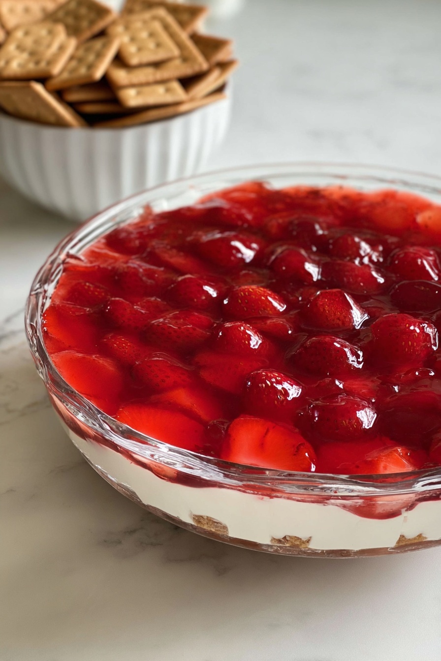 A clear glass bowl contains a dessert with two layers: the bottom layer is creamy white, smooth and thick, topped with a shiny, bright red layer filled with small whole strawberries and a glossy jelly covering them. The bowl sits on a white marbled surface, with a white bowl filled with square brown crackers blurred in the background. Photo taken with an iphone --ar 2:3 --v 7
