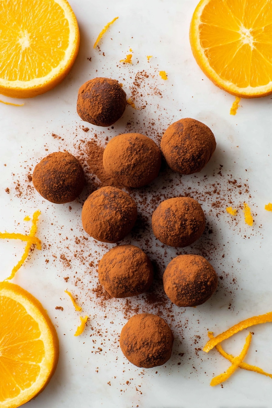 A group of small, round chocolate truffles covered in a fine layer of brown cocoa powder is arranged on a white marbled surface. The truffles are scattered casually with some cocoa powder smudges around them, giving a slightly messy but natural look. Around the truffles, there are bright orange slices, including a half orange on the top left and two smaller orange wedges at the bottom left and right sides. Thin orange zest strips are also scattered near the truffles adding a pop of color to the scene. Photo taken with an iphone --ar 2:3 --v 7