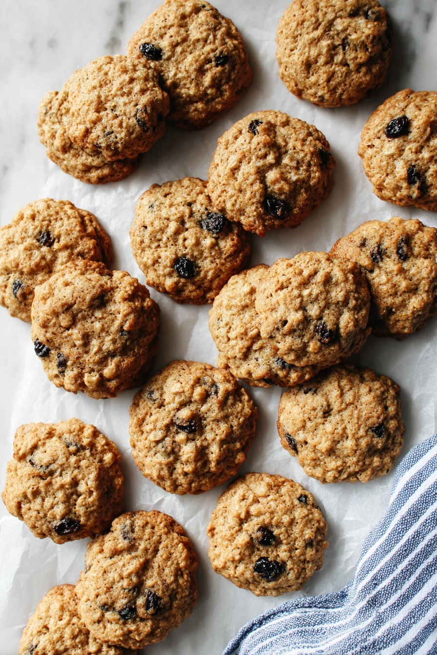 A group of about twenty light brown oatmeal raisin cookies with rough, bumpy texture and visible dark raisins spread randomly across a white marbled surface lined with white parchment paper. The cookies vary slightly in size and are arranged casually, some overlapping each other. A blue and white striped cloth is placed near the bottom right corner of the image. photo taken with an iphone --ar 2:3 --v 7