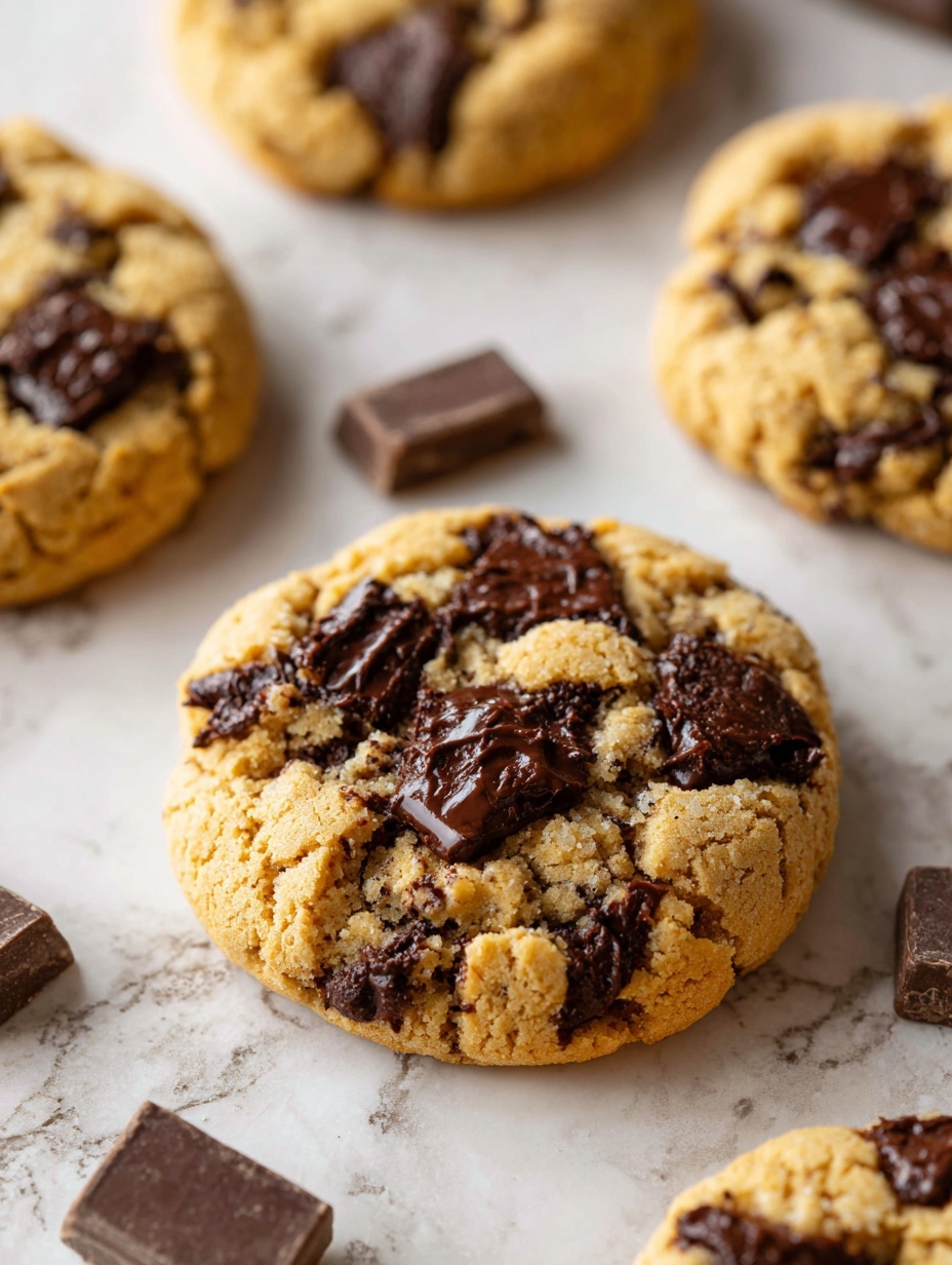 The image shows a stack of three thick cookies on a white marbled surface, with chunks of melted dark chocolate visible throughout each cookie. The top cookie is broken in half and placed on the middle cookie, revealing its gooey melted chocolate inside, with a slightly crumbly texture on the outside edges. The cookies have a golden-brown color with darker chocolate spots. Around the stack, there are a few large chocolate pieces scattered. Photo taken with an iphone --ar 2:3 --v 7