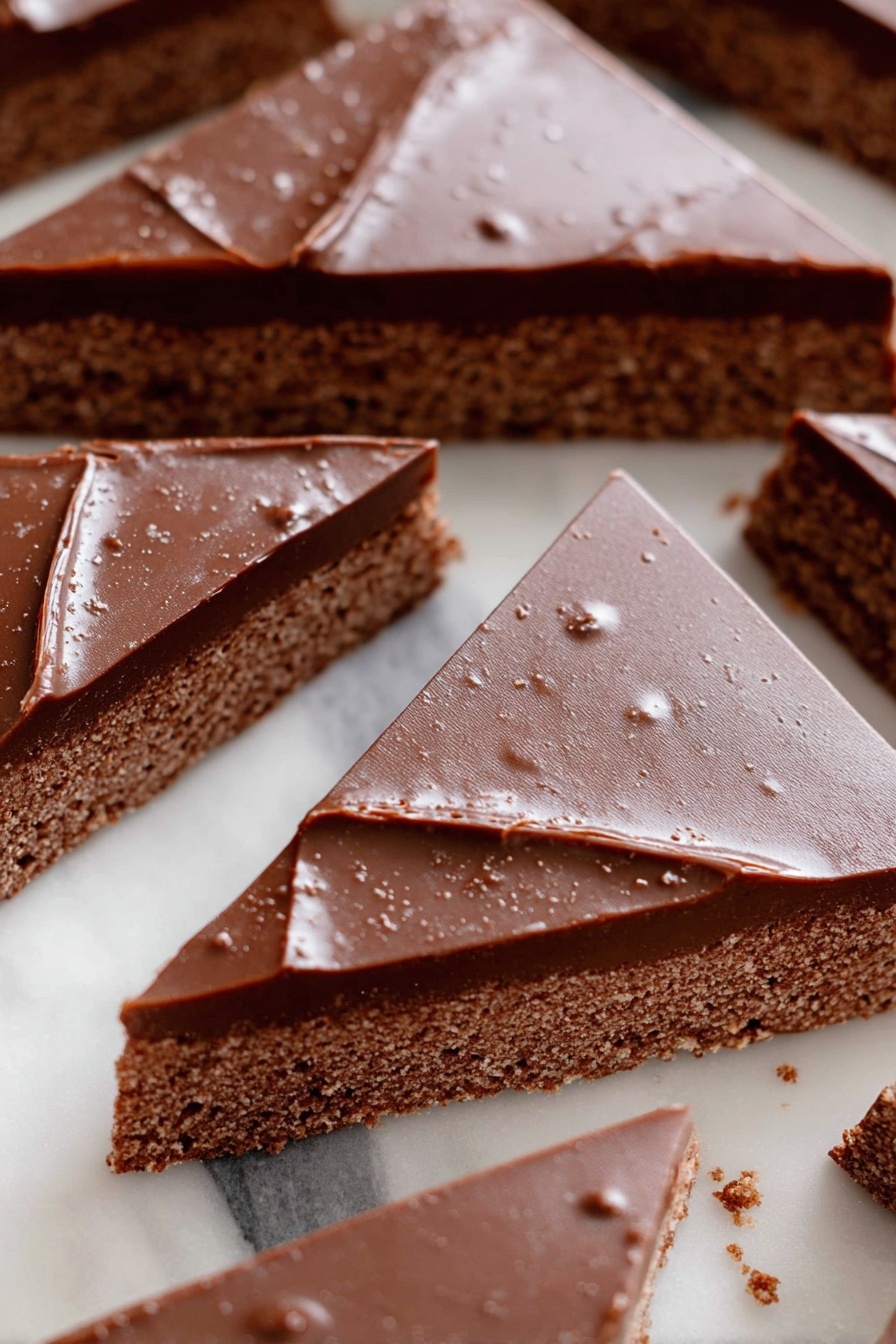 The image shows a stack of four square dessert bars placed on a white plate with a subtle ridged texture, set against a white marbled background. Each bar has two visible layers: the bottom layer is thick, brown, and crumbly with a coarse texture, while the top layer is a smooth, glossy chocolate coating with a slightly wavy surface. There are small crumbs scattered on the plate near the bars, adding a natural touch to the setup. Photo taken with an iphone --ar 2:3 --v 7