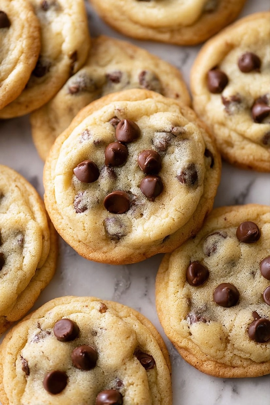 The image shows several chocolate chip cookies arranged closely together on a white marbled surface. Each cookie has a golden-brown base layer with slightly darker edges, and is filled with soft, light beige dough that forms the top layer. Embedded throughout the dough are scattered shiny, dark brown chocolate chips, some slightly melted. The cookies have a round shape with gentle cracks and a slightly crisp texture around the edges, while the center remains soft and chewy. The background is softly blurred to keep focus on the cookies. photo taken with an iphone --ar 2:3 --v 7