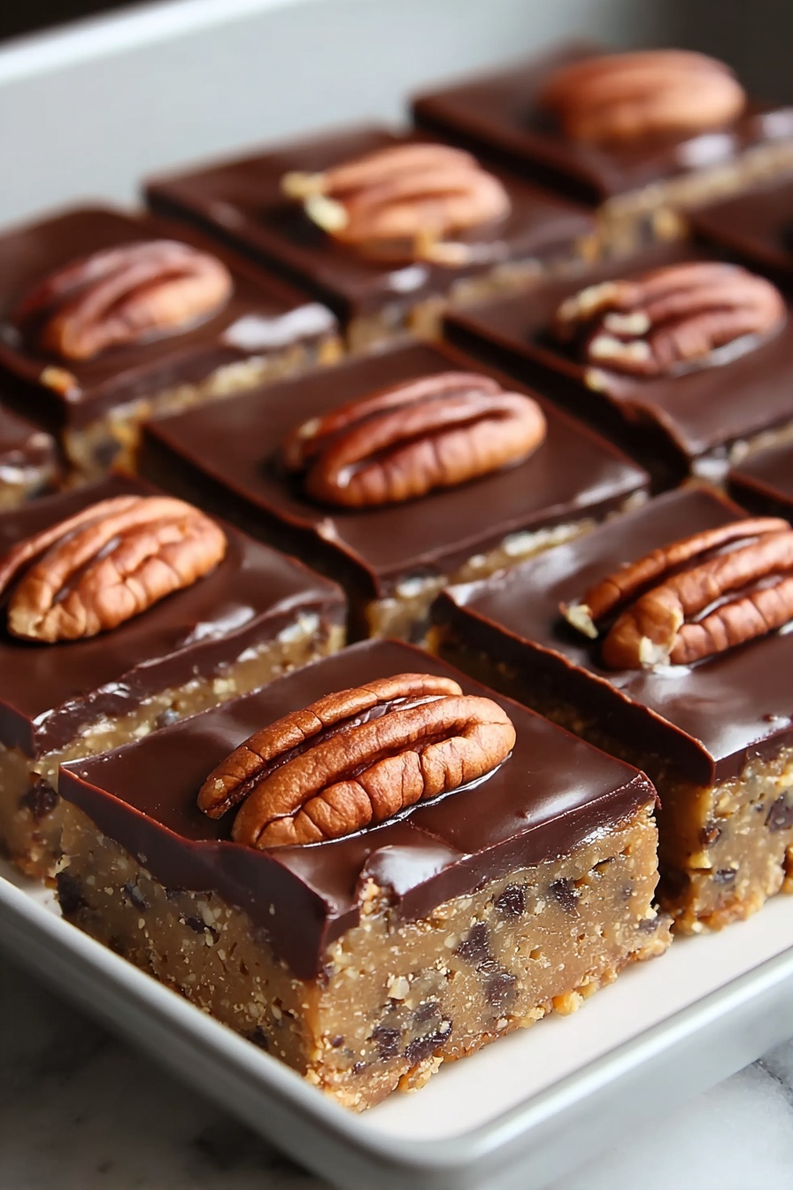 A tray holds a dessert cut into small square pieces arranged in a grid. The dessert has two main layers: the bottom layer is thick, light brown with a dense texture and specks of darker ingredients visible inside. The top layer is smooth and shiny dark chocolate toffee, evenly spread across the top. Each square piece is decorated with a whole reddish-brown pecan half pressed into the chocolate surface, adding a crunchy texture on the top. The dessert tray is white, resting on a white marbled surface. Photo taken with an iphone --ar 2:3 --v 7