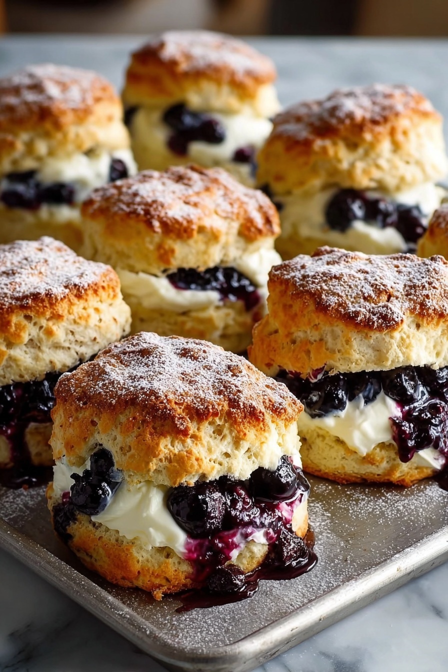 The image shows a close-up of a stack of five golden brown scones filled with fresh dark purple blueberries and cream. Each scone has a crispy, slightly shiny top with a rough texture, and the cream and blueberries are visible oozing out between the top and bottom halves. They sit on a dark blue plate, with the background softly blurred. In the upper right corner, part of a blue cup with a dark liquid is visible, all set on a white marbled surface. photo taken with an iphone --ar 2:3 --v 7