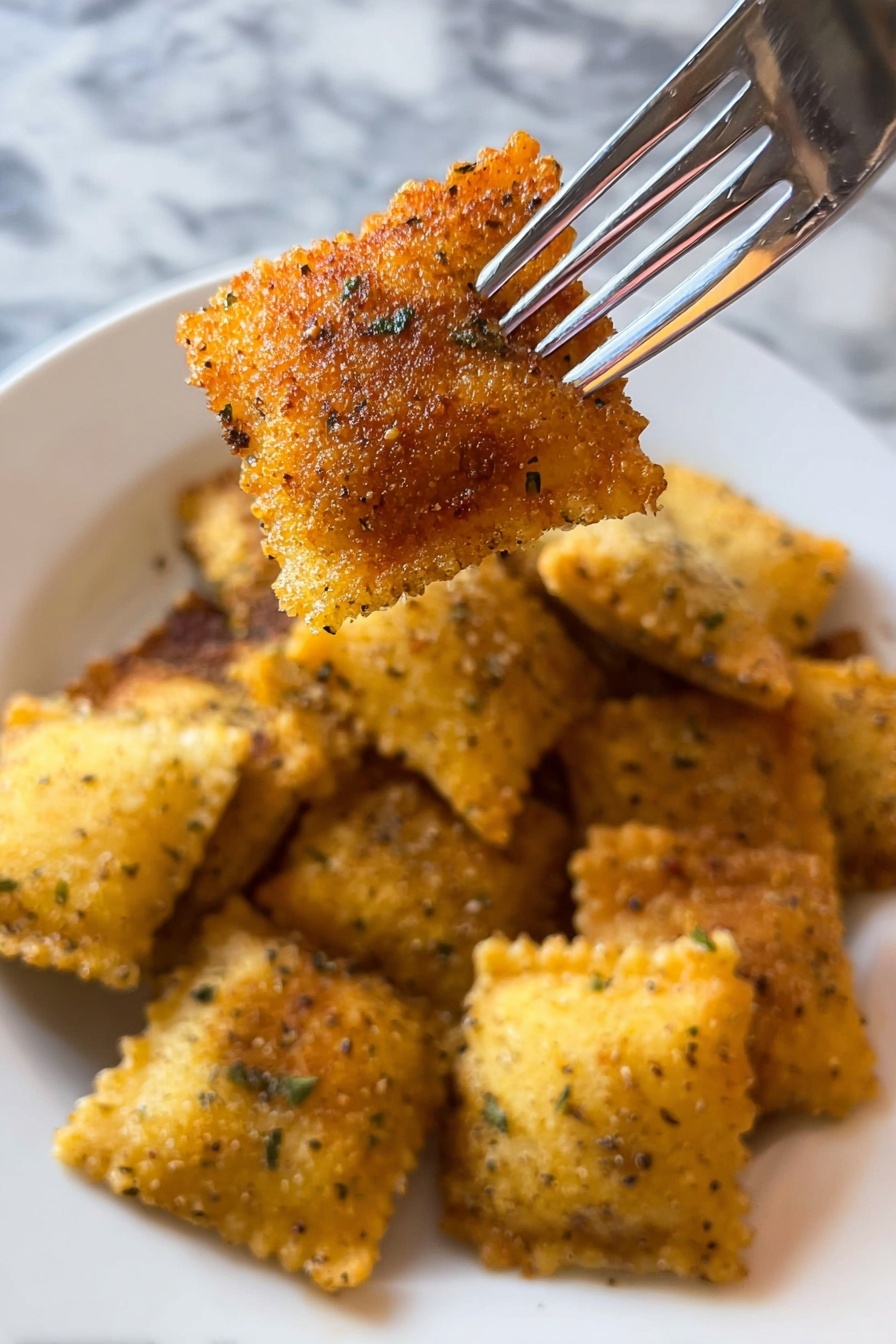 A white plate on a white marbled surface holds several golden brown ravioli with a textured, crispy coating and specks of herbs. One ravioli is speared by a shiny silver fork held by a woman's hand, lifted above the plate. The ravioli have a square shape with slightly raised edges and a rough, crunchy exterior that catches the light, creating small highlights. The background shows a dark, blurred surface, emphasizing the bright ravioli in the foreground. photo taken with an iphone --ar 2:3 --v 7