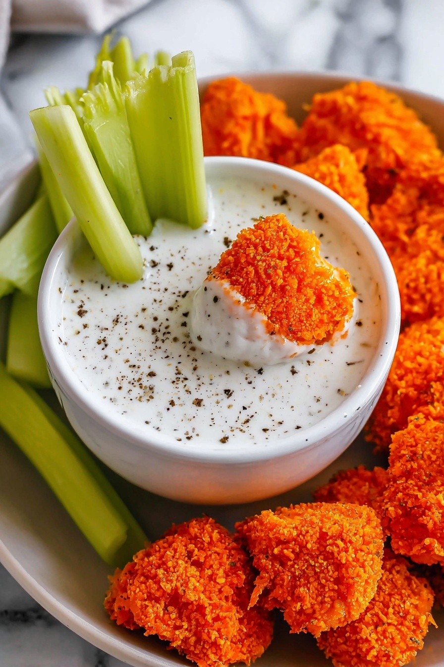 A white bowl filled with creamy white ranch dip speckled with black pepper sits in the center, with a bright orange crispy nugget dipped halfway into it. Three bright green celery sticks stand upright inside the dip bowl. Surrounding the bowl are several more orange crispy nuggets, and more celery sticks lean against the side of the bowl. All of this is placed on a white marbled surface. Photo taken with an iphone --ar 2:3 --v 7